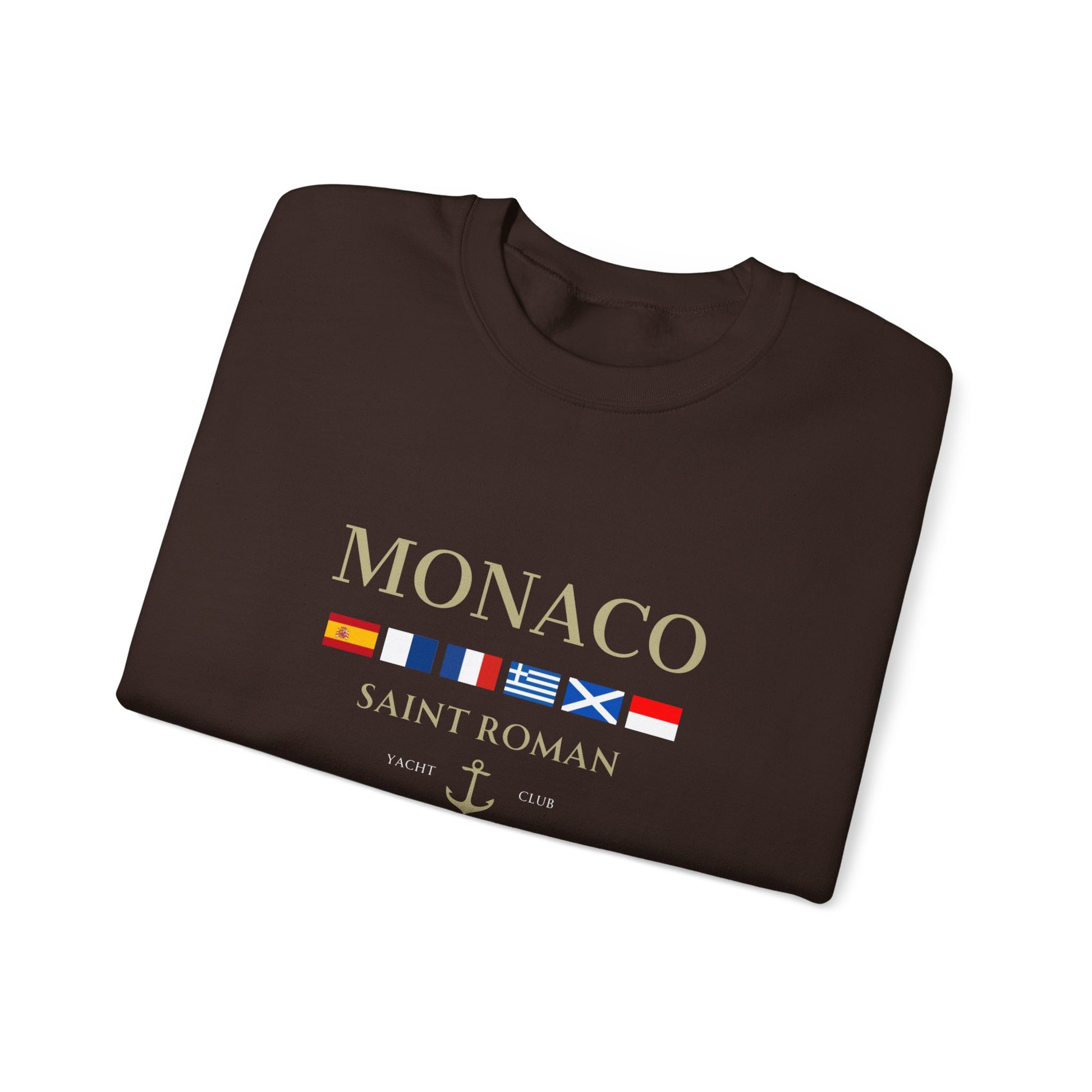 Dark chocolate brown Vandox Monaco Saint Roman Yacht Club crewneck with international flags and anchor graphic on the front and crossed nautical flags with "Yacht Club" on the back. Starboy old money hoodie sweatshirt clothes vandox sacrevandox vandox clothes vandox clothing crewneck