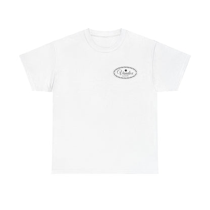 White Vandox Essential crest T-shirt featuring a small black-and-white logo on the front chest and a bold green oval logo design on the back, crafted from soft, breathable cotton. Starboy old money shirt tshirt clothes vandox sacrevandox vandox clothes vandox clothing