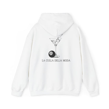 White Vandox Hoodie with a martini glass, 8-ball, and the phrase "La Culla Della Moda" on the back. Starboy old money hoodie sweatshirt clothes vandox sacrevandox vandox clothes vandox clothing