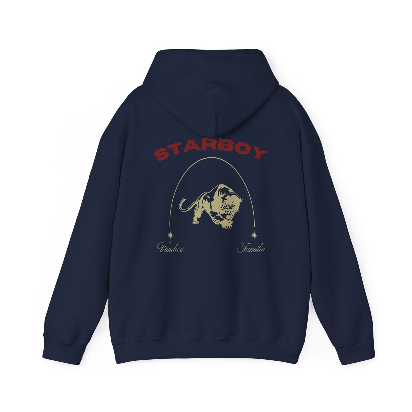 Navy dark blue Vandox Hoodie with STARBOY on the back, golden lion surrounded by a majestic golden arch, and a small golden logo featuring a star, and text 'vandox familia starboy essential'. Starboy old money hoodie sweatshirt clothes vandox sacrevandox vandox clothes vandox clothing crewneck