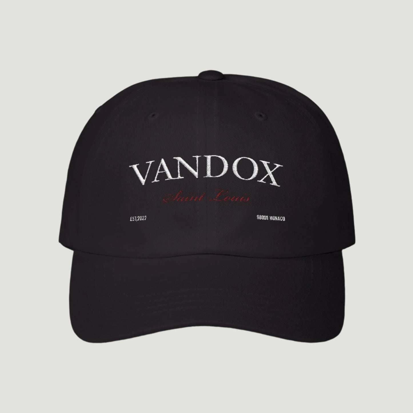 Black Vandox cap with white embroidered logo, red “Saint Louis” script, and Monaco postal coordinates from the SS25 collection. Hat Cap Baseball Cap Baseball Hat starboy hat old money hats vandox sacre vandox sacrevandox vandox clothing vintage distressed baseball hat 