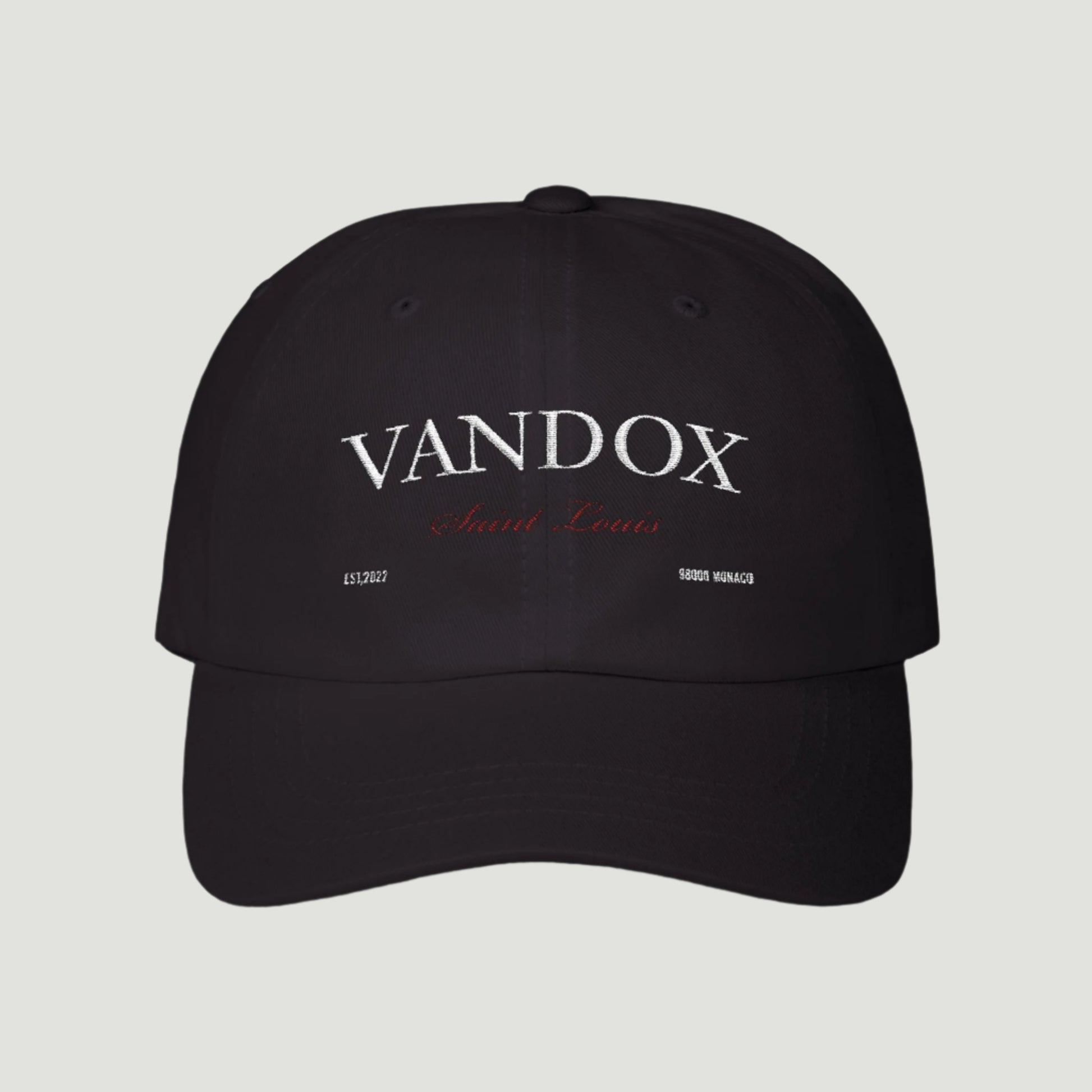 Black Vandox cap with white embroidered logo, red “Saint Louis” script, and Monaco postal coordinates from the SS25 collection. Hat Cap Baseball Cap Baseball Hat starboy hat old money hats vandox sacre vandox sacrevandox vandox clothing vintage distressed baseball hat 