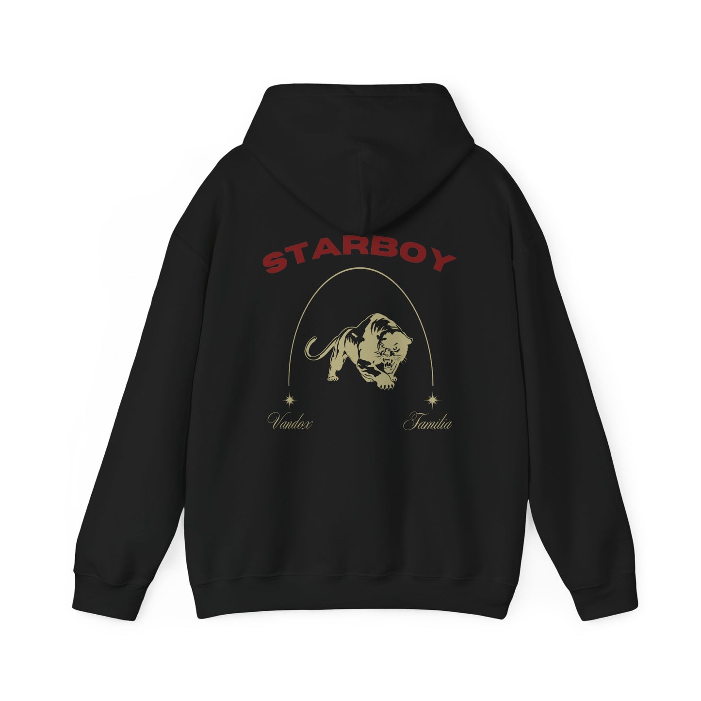 Black Vandox Hoodie with STARBOY on the back, golden lion surrounded by a majestic golden arch, and a small golden logo featuring a star, and text 'vandox familia starboy essential'. Starboy old money hoodie sweatshirt clothes vandox sacrevandox vandox clothes vandox clothing crewneck