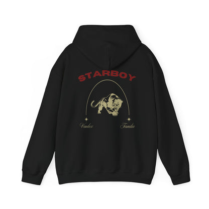 Black Vandox Hoodie with STARBOY on the back, golden lion surrounded by a majestic golden arch, and a small golden logo featuring a star, and text 'vandox familia starboy essential'. Starboy old money hoodie sweatshirt clothes vandox sacrevandox vandox clothes vandox clothing crewneck