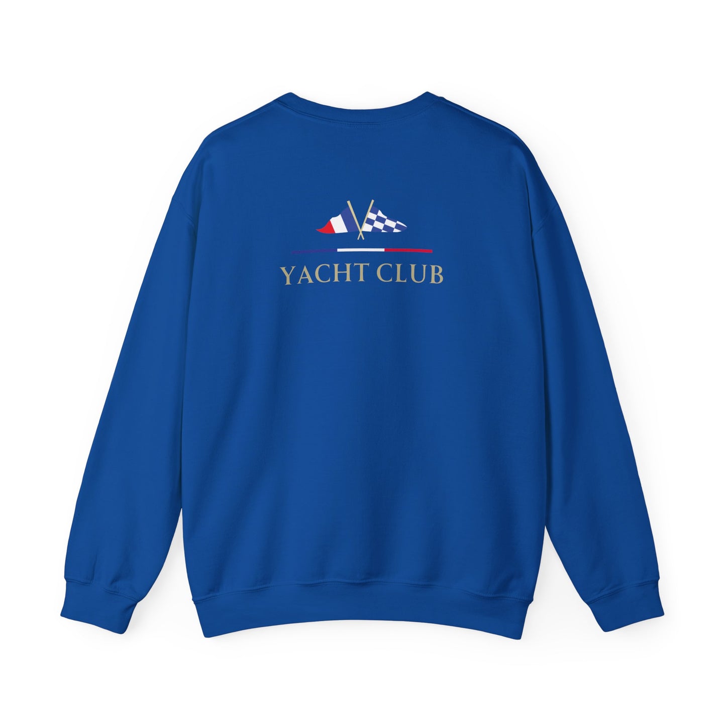 Blue Royal Blue Vandox Monaco Saint Roman Yacht Club crewneck with international flags and anchor graphic on the front and crossed nautical flags with "Yacht Club" on the back. Starboy old money hoodie sweatshirt clothes vandox sacrevandox vandox clothes vandox clothing crewneck