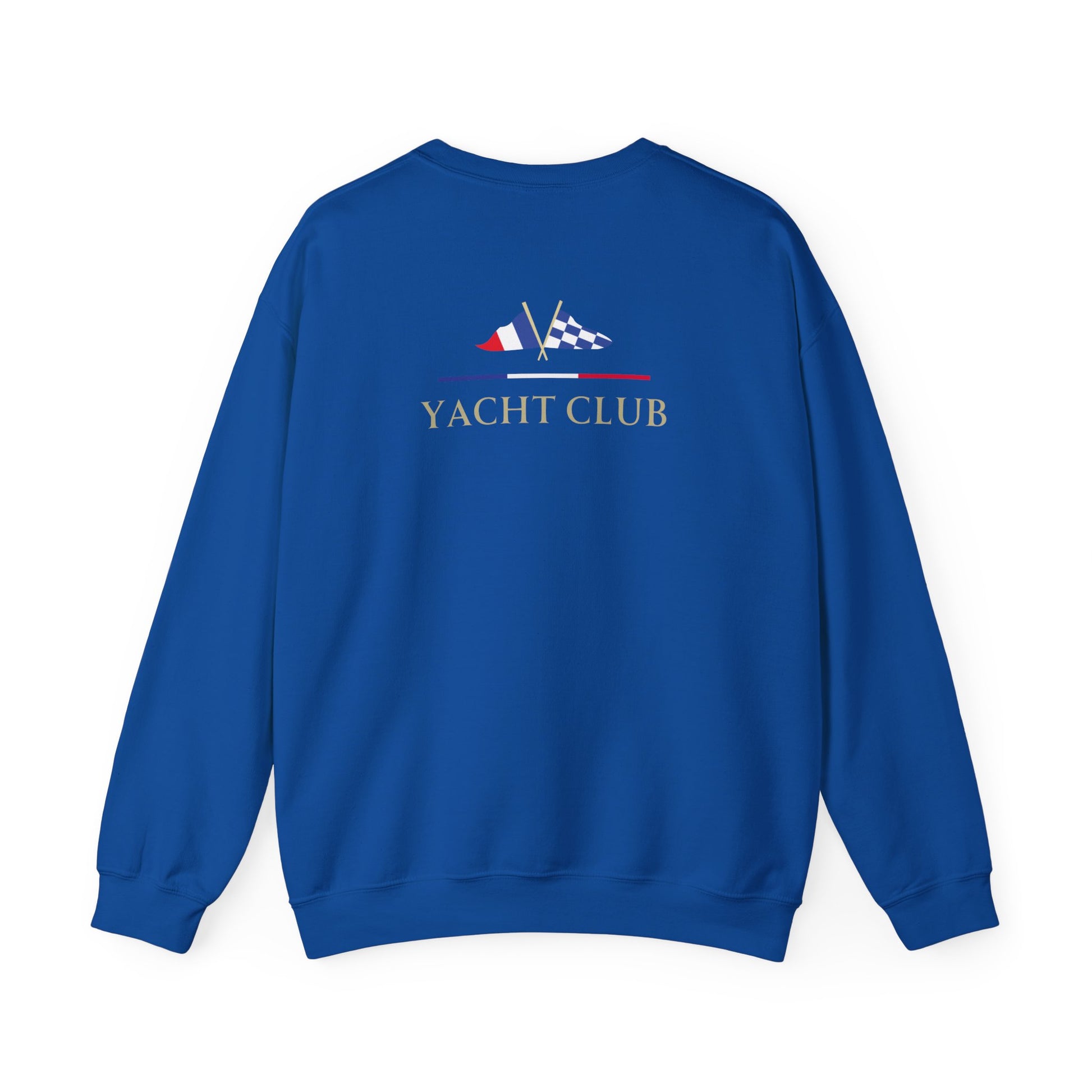 Blue Royal Blue Vandox Monaco Saint Roman Yacht Club crewneck with international flags and anchor graphic on the front and crossed nautical flags with "Yacht Club" on the back. Starboy old money hoodie sweatshirt clothes vandox sacrevandox vandox clothes vandox clothing crewneck