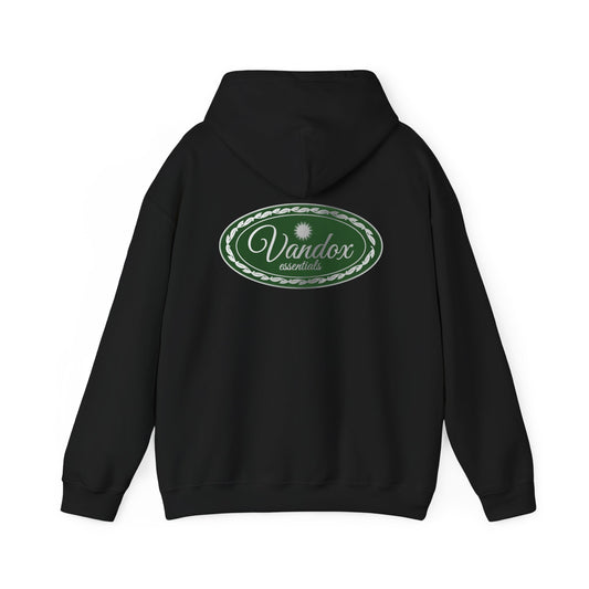 Black Vandox Essential Crest Hoodie with a minimalist white embroidered crest logo on the front, backside showcasing a bold green crest logo with elegant vine details, designed for modern style perfect for casual and streetwear looks. Starboy old money hoodie sweatshirt clothes vandox sacrevandox vandox clothes vandox clothing