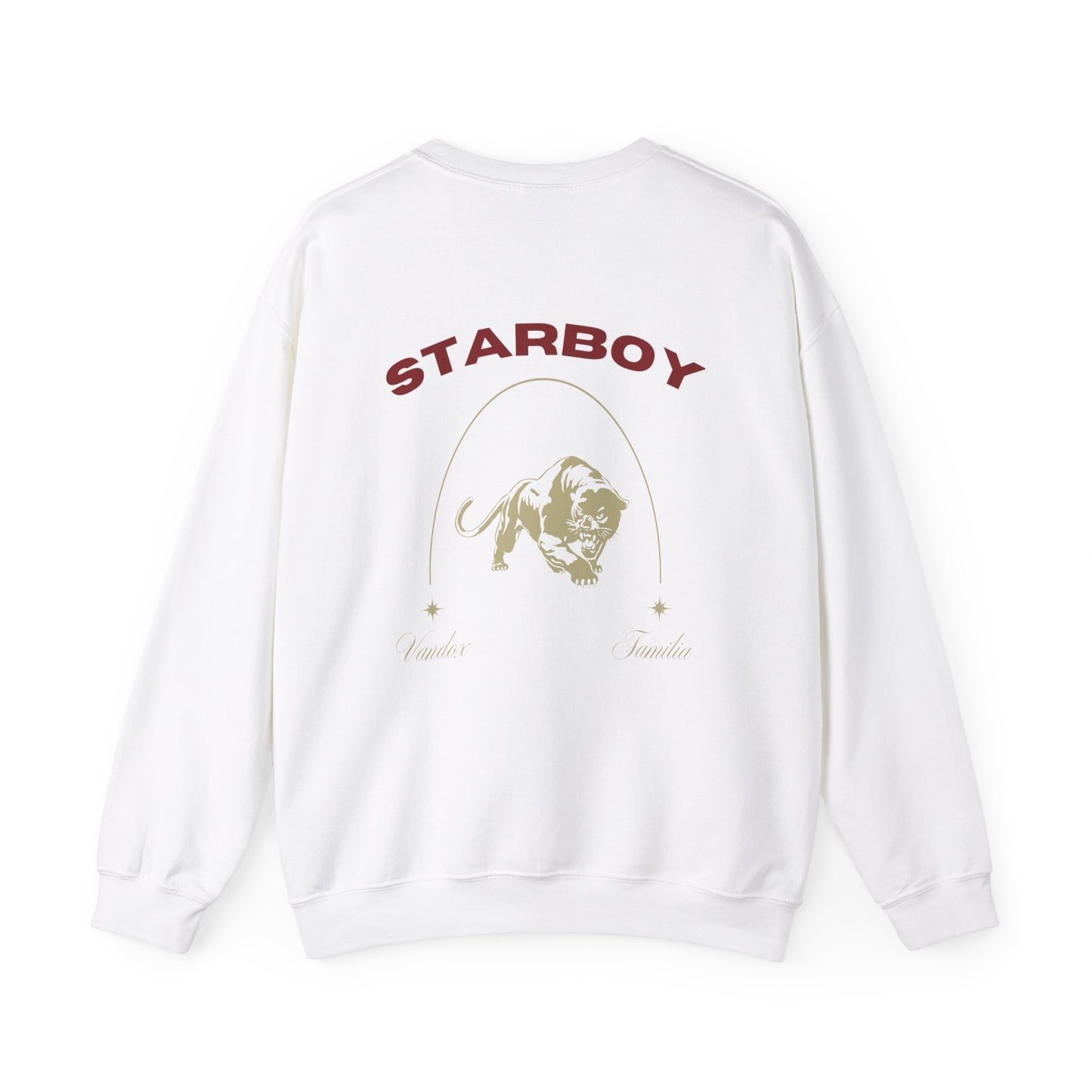 White Vandox Crewneck with STARBOY on the back, golden lion surrounded by a majestic golden arch, and a small golden logo featuring a star, and text 'vandox familia starboy essential'. Starboy old money hoodie sweatshirt clothes vandox sacrevandox vandox clothes vandox clothing crewneck