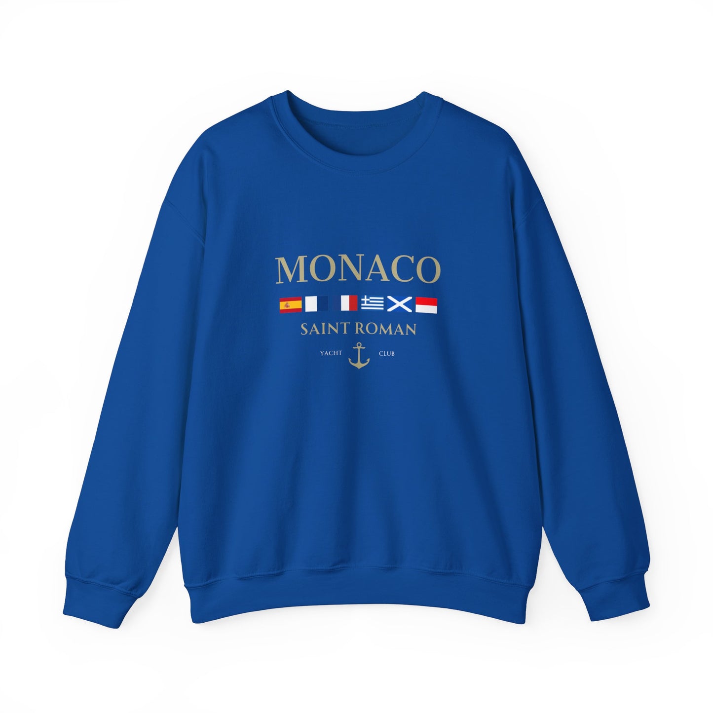 Blue Royal Blue Vandox Monaco Saint Roman Yacht Club crewneck with international flags and anchor graphic on the front and crossed nautical flags with "Yacht Club" on the back. Starboy old money hoodie sweatshirt clothes vandox sacrevandox vandox clothes vandox clothing crewneck