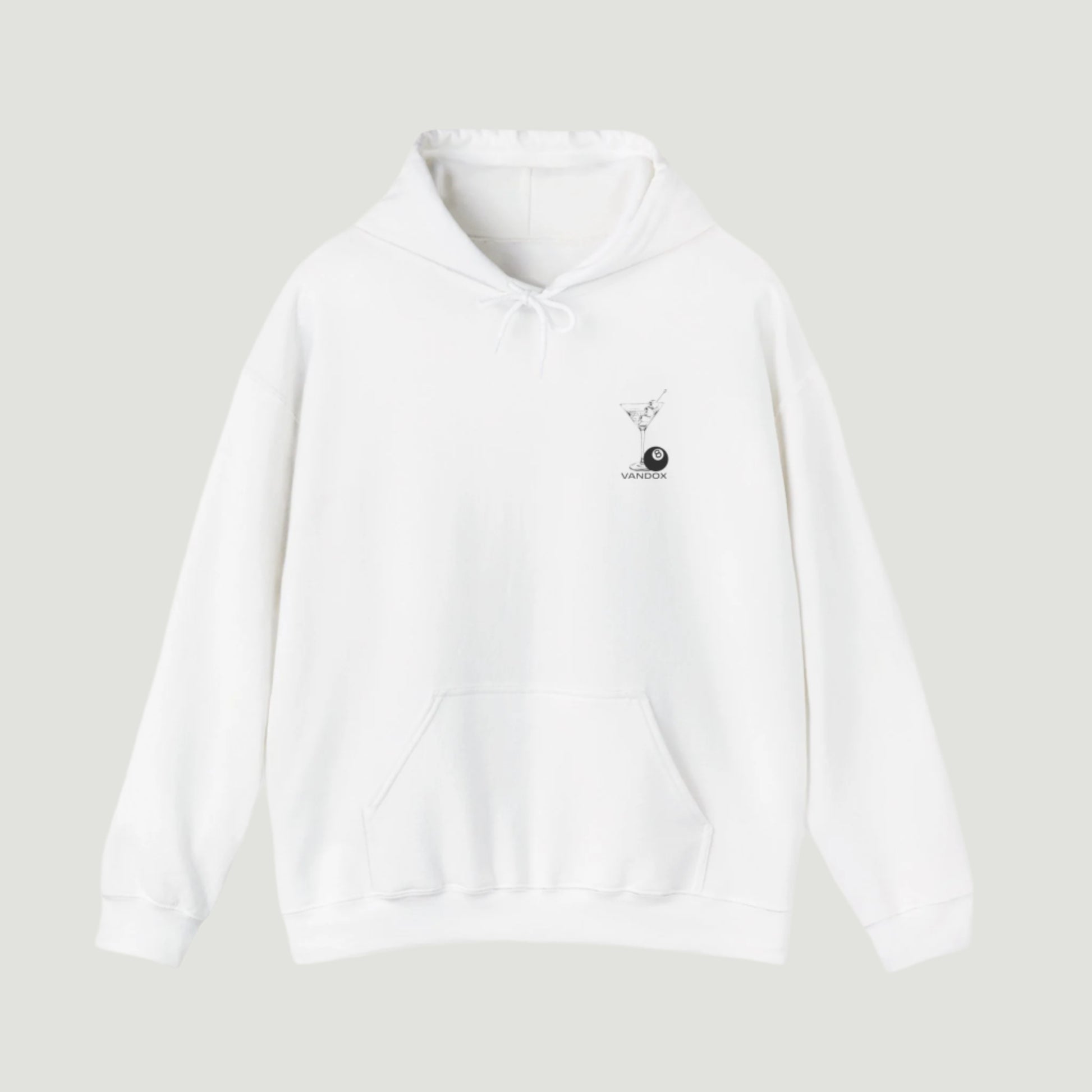 Eggshell white Vandox hoodie featuring embroidered martini glass and 8-ball graphic on front, and bold city name typography with "Fear of Being Average" text on back. Starboy old money hoodie sweatshirt clothes vandox sacrevandox vandox clothes vandox clothing