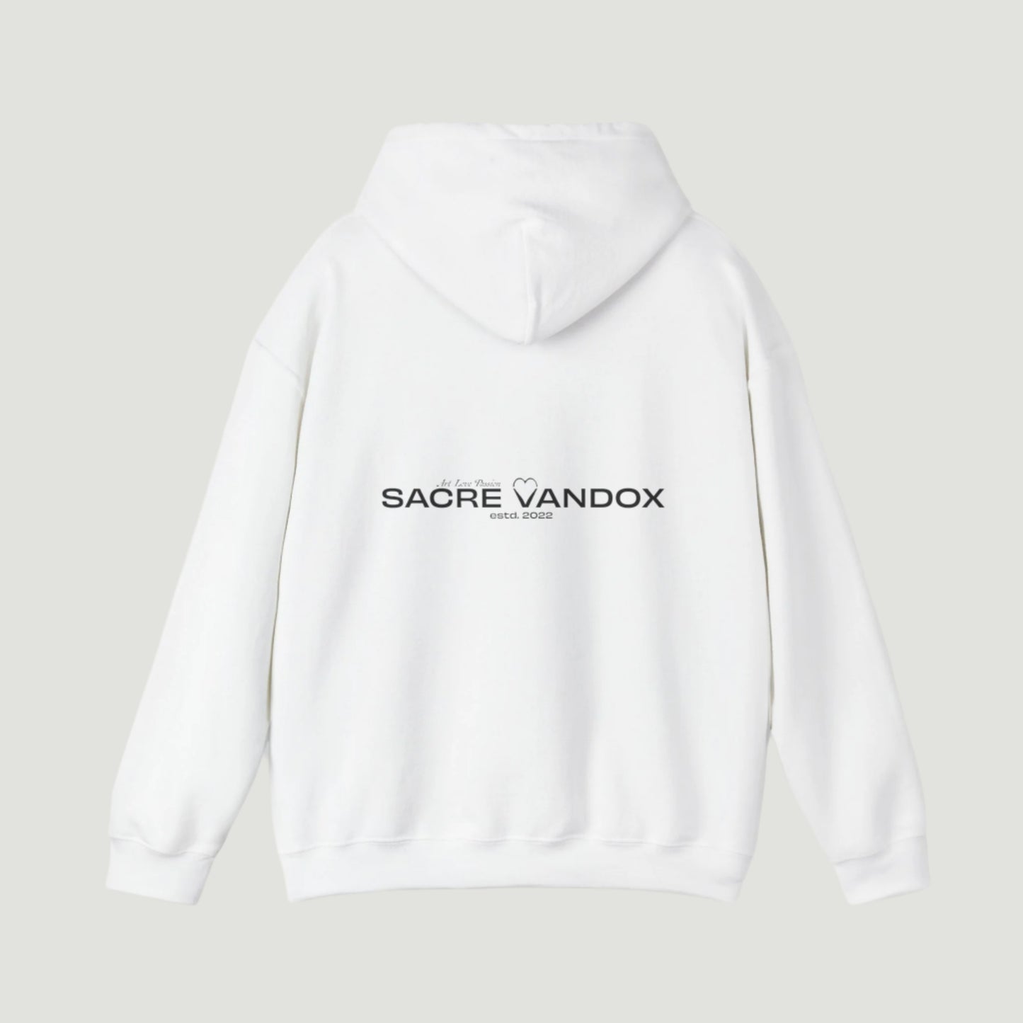 Eggshell White Vandox Signature Hoodie featuring classic logo print and “À la Love Divine” tagline, part of the SS25 quiet luxury collection. Starboy old money hoodie sweatshirt clothes vandox sacrevandox vandox clothes vandox clothing