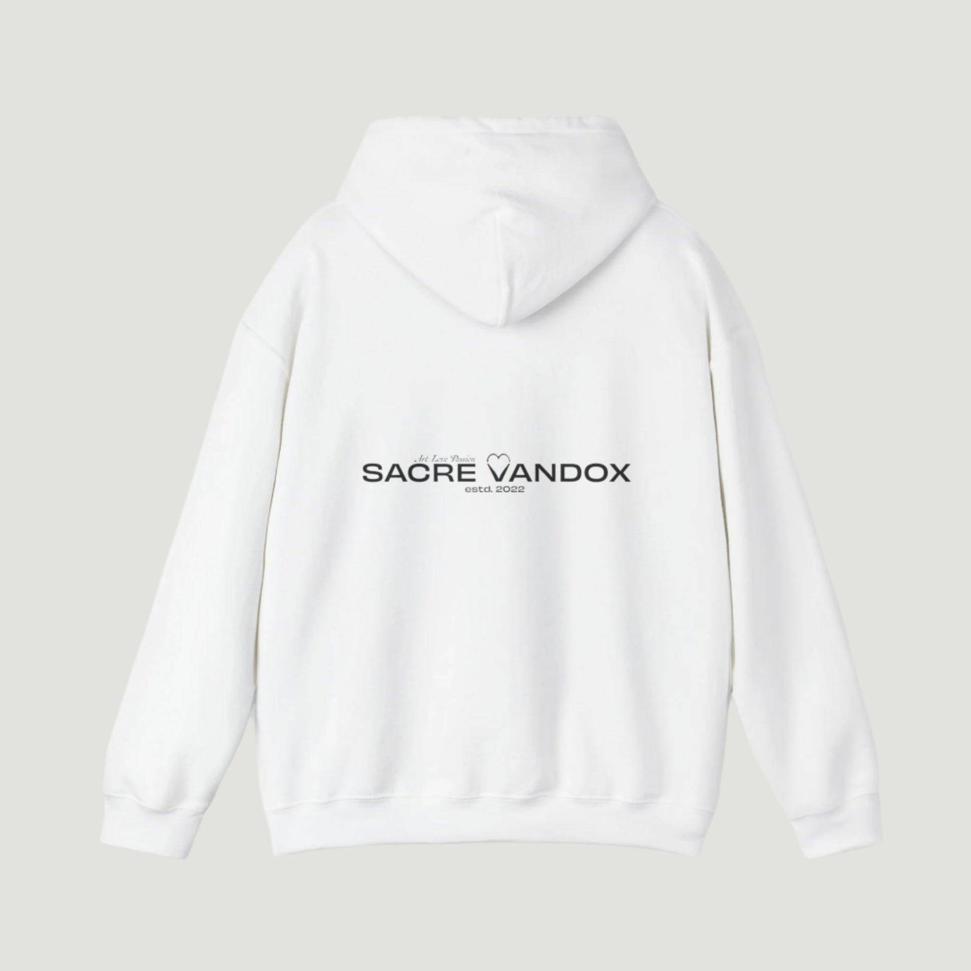 Eggshell White Vandox Signature Hoodie featuring classic logo print and “À la Love Divine” tagline, part of the SS25 quiet luxury collection. Starboy old money hoodie sweatshirt clothes vandox sacrevandox vandox clothes vandox clothing