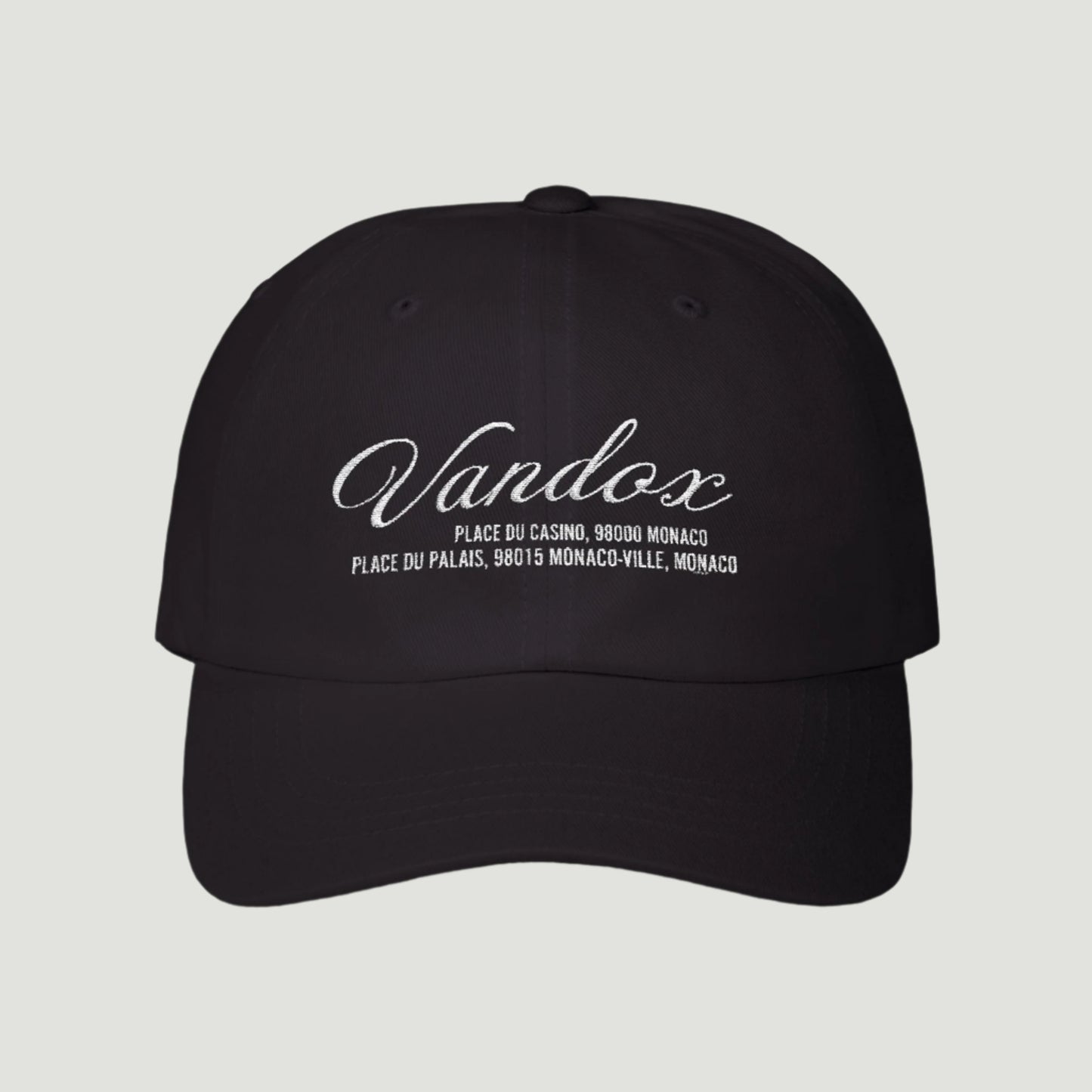 Black Vandox cap with white embroidered logo and Monaco address coordinates referencing Place du Casino and Place du Palais, from SS25 collection. Hat Cap Baseball Cap Baseball Hat starboy hat old money hats vandox sacre vandox sacrevandox vandox clothing vintage distressed baseball hat 