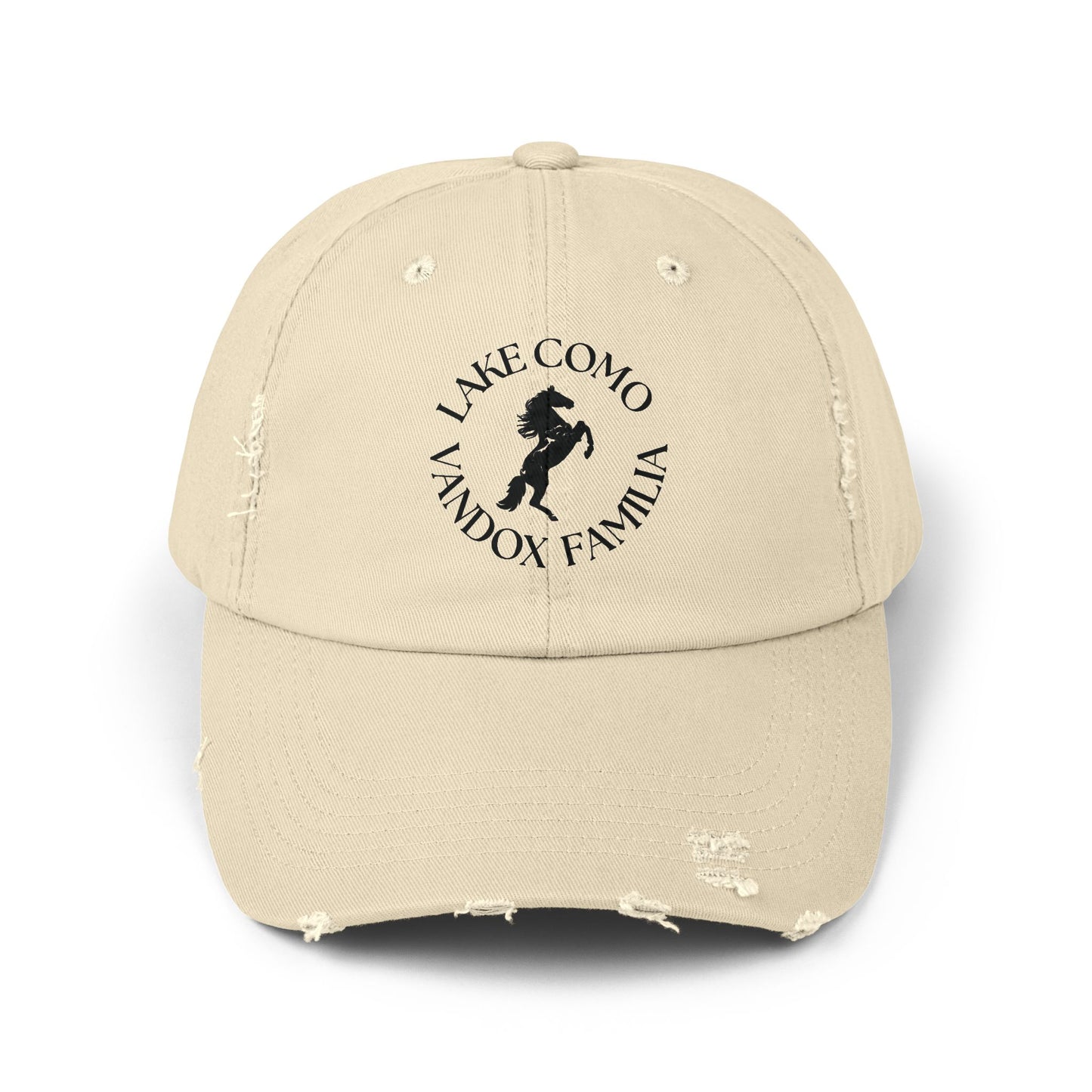 sand cream Vandox Familia Hat with horse graphic surrounded by "Lake Como Vandox Familia" text. Hat Cap Baseball Cap Baseball Hat starboy hat old money hats vandox sacre vandox sacrevandox vandox clothing vintage distressed baseball hat