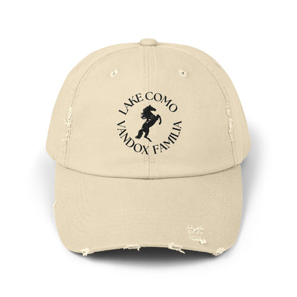 sand cream Vandox Familia Hat with horse graphic surrounded by "Lake Como Vandox Familia" text. Hat Cap Baseball Cap Baseball Hat starboy hat old money hats vandox sacre vandox sacrevandox vandox clothing vintage distressed baseball hat