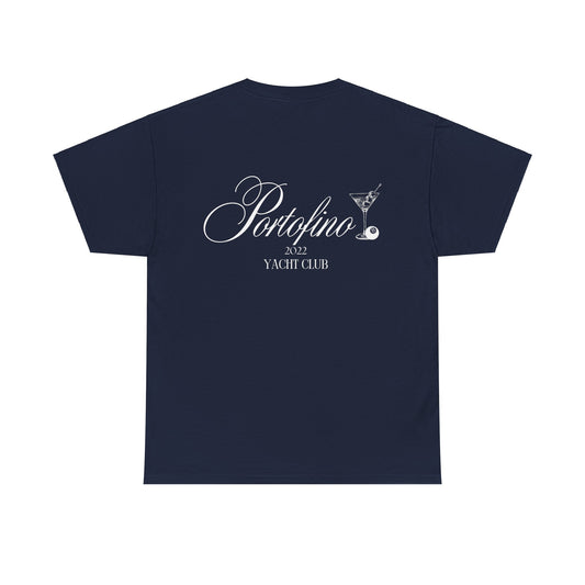 Navy blue T-shirt with "Portofino 2022 Yacht Club" in elegant white script and a martini glass graphic, offering a stylish, nautical-inspired design. Starboy old money shirt tshirt clothes vandox sacrevandox vandox clothes vandox clothing