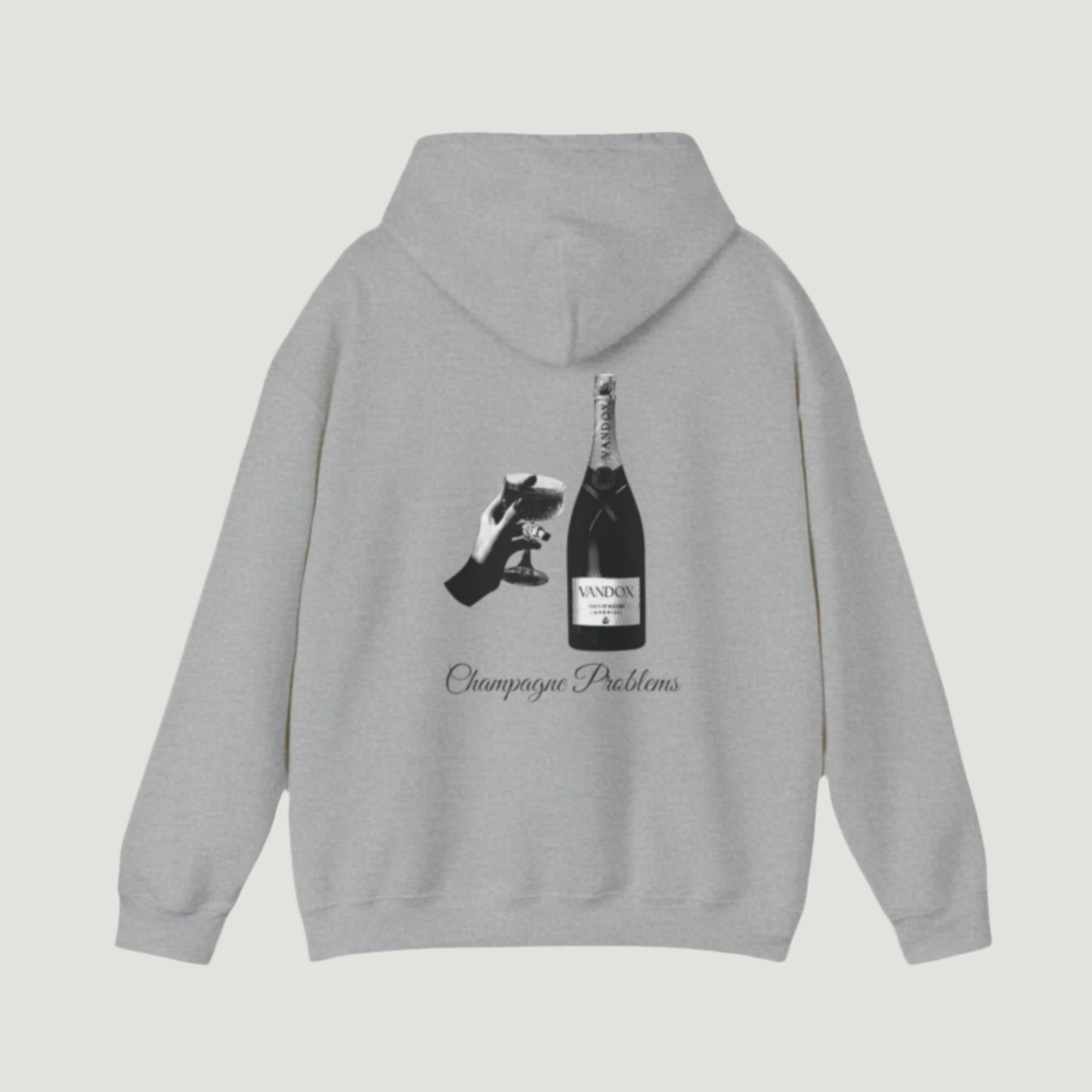 Sport Grey hoodie with black and white graphic featuring a champagne bottle and glass, alongside the phrase "Champagne Problems." Ideal for casual luxury looks. Starboy old money shirt tshirt clothes vandox sacrevandox vandox clothes vandox clothing