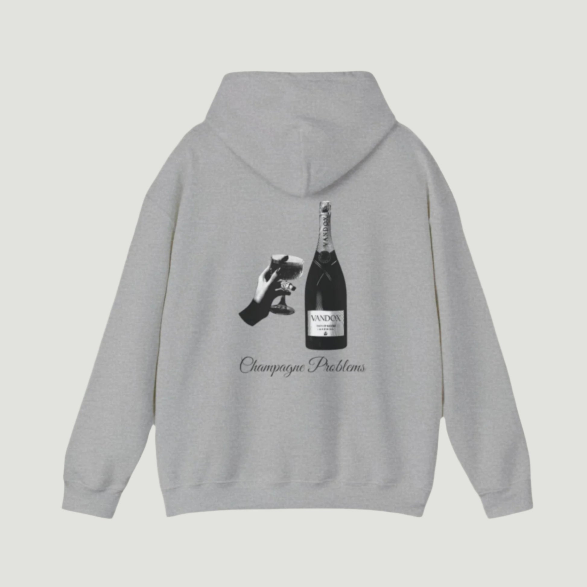 Sport Grey hoodie with black and white graphic featuring a champagne bottle and glass, alongside the phrase "Champagne Problems." Ideal for casual luxury looks. Starboy old money shirt tshirt clothes vandox sacrevandox vandox clothes vandox clothing