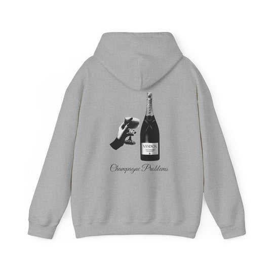 Sport Grey hoodie with black and white graphic featuring a champagne bottle and glass, alongside the phrase "Champagne Problems." Ideal for casual luxury looks. Starboy old money shirt tshirt clothes vandox sacrevandox vandox clothes vandox clothing