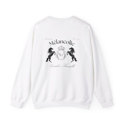 White Vandox Hoodie with regal crest, two horses, and "Mélancolie" and "Vandox Famille" text on the back. Starboy old money hoodie sweatshirt clothes vandox sacrevandox vandox clothes vandox clothing crewneck autumn clothes no hood fall clothes 