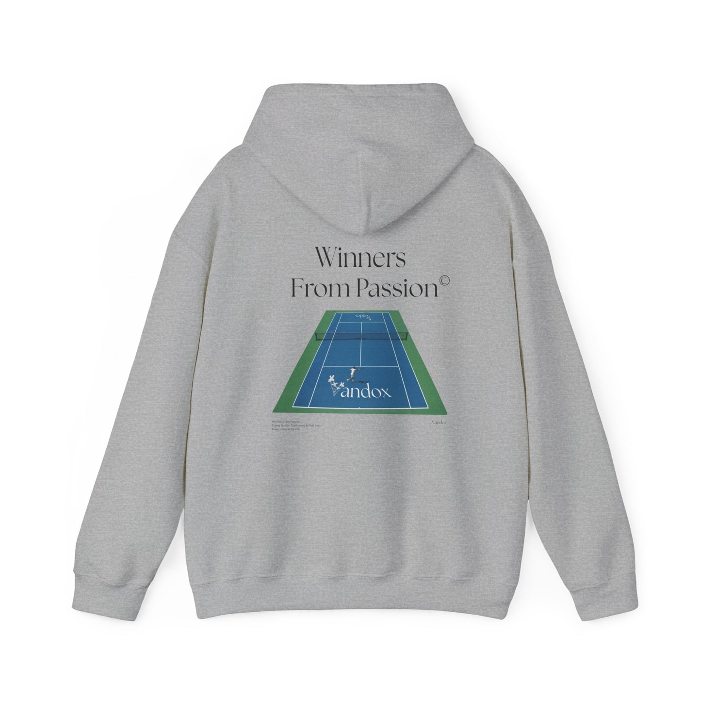 Grey Sport Grey VANDOX Tennis Court Hoodie with VNX Vandox logo and tennis court design and "Winners From Passion" slogan. Starboy old money hoodie sweatshirt clothes vandox sacrevandox vandox clothes vandox clothing