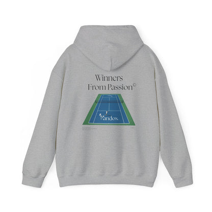 Grey Sport Grey VANDOX Tennis Court Hoodie with VNX Vandox logo and tennis court design and "Winners From Passion" slogan. Starboy old money hoodie sweatshirt clothes vandox sacrevandox vandox clothes vandox clothing