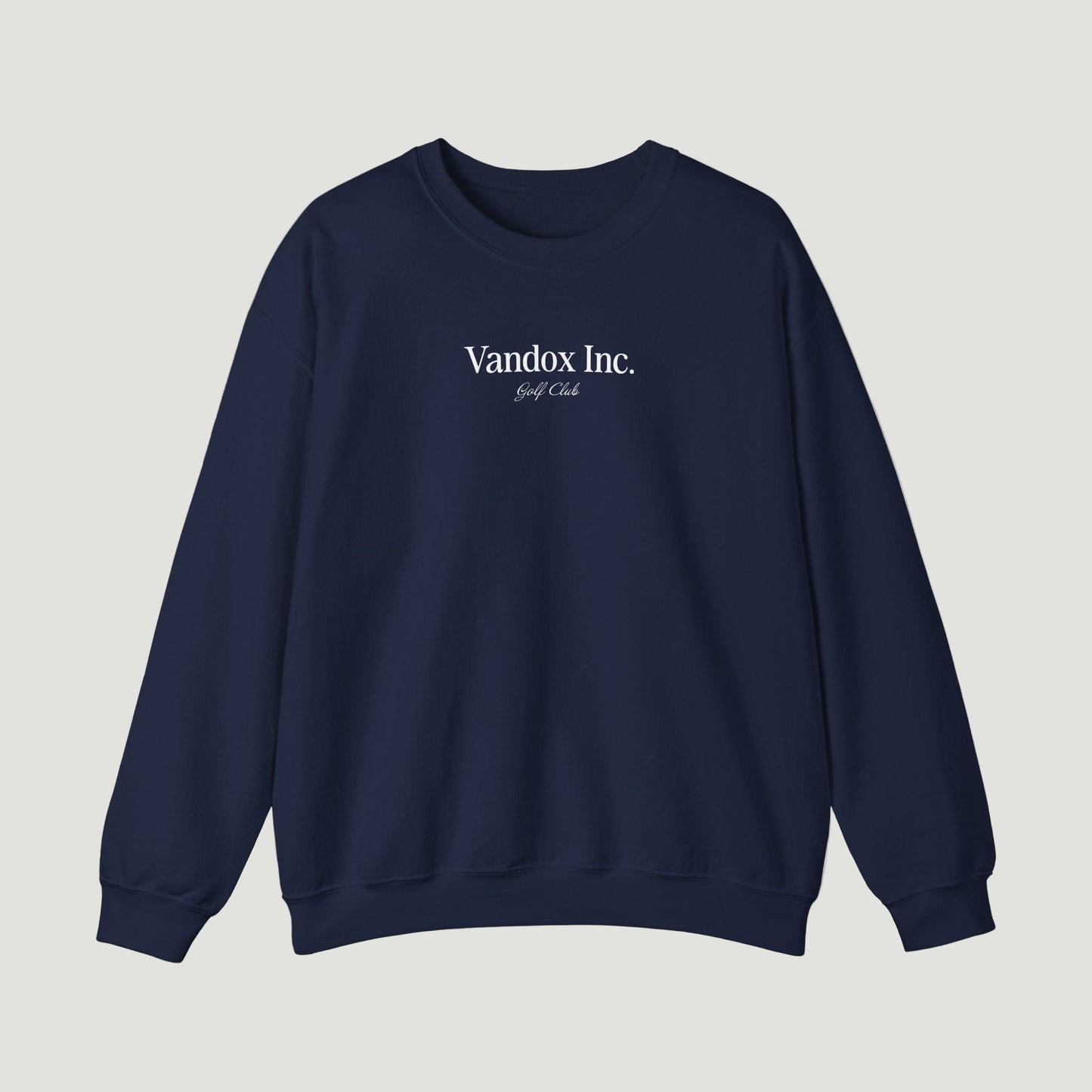 Front view of the Dark Navy Blue Vandox Stockholm Crewneck with subtle “Vandox Inc. Golf Club” print. Starboy old money hoodie sweatshirt clothes vandox sacrevandox vandox clothes vandox clothing crewneck