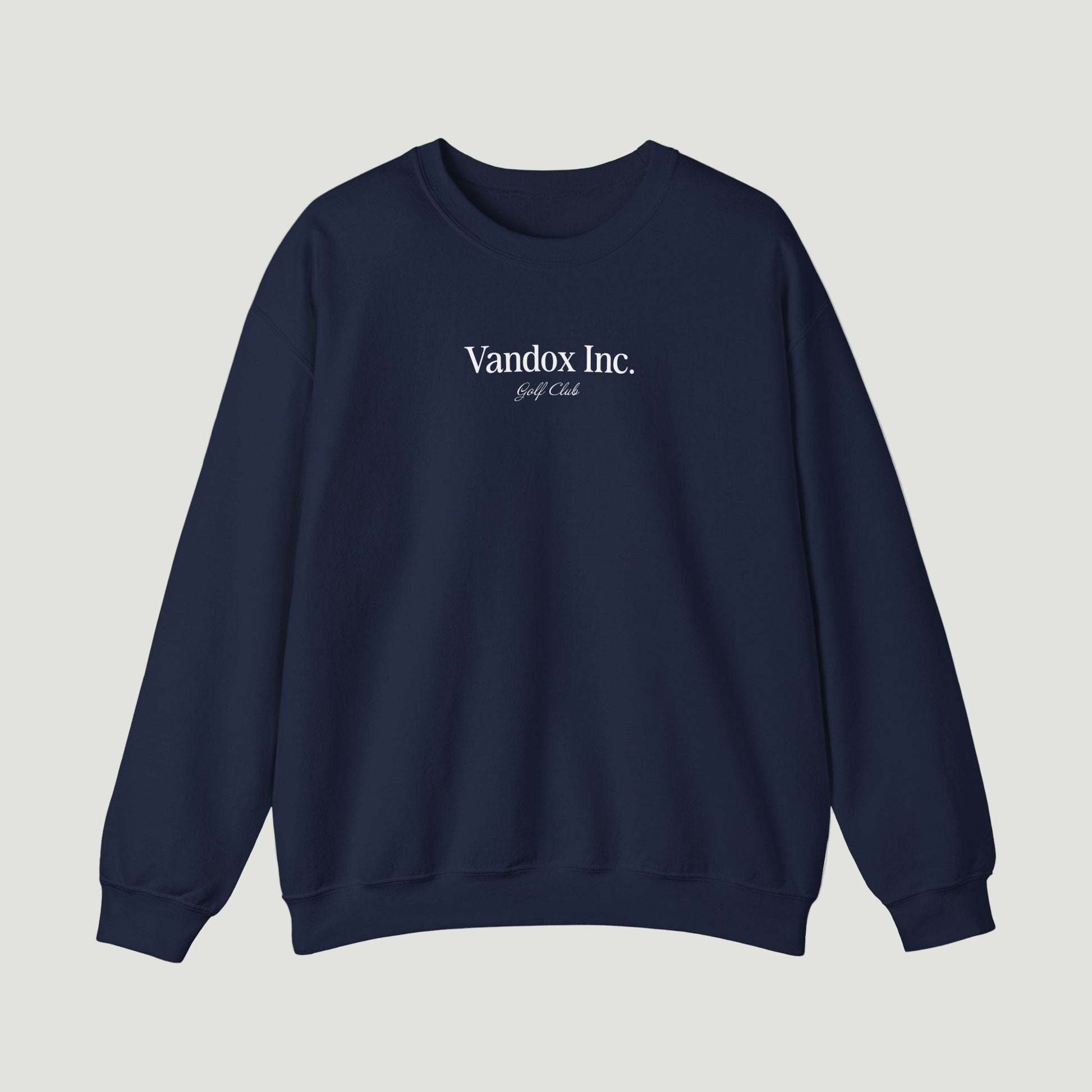 Front view of the Dark Navy Blue Vandox Stockholm Crewneck with subtle “Vandox Inc. Golf Club” print. Starboy old money hoodie sweatshirt clothes vandox sacrevandox vandox clothes vandox clothing crewneck