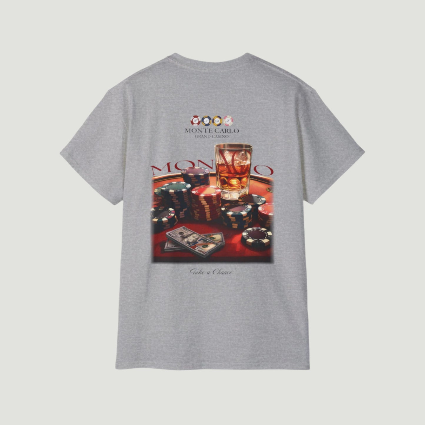 Ash Sport Grey Vandox High Stakes T-Shirt with casino table print, poker chips, whiskey glass, and cash, inspired by Monte Carlo and luxury gambling culture. Starboy old money shirt tshirt clothes vandox sacrevandox vandox clothes vandox clothing