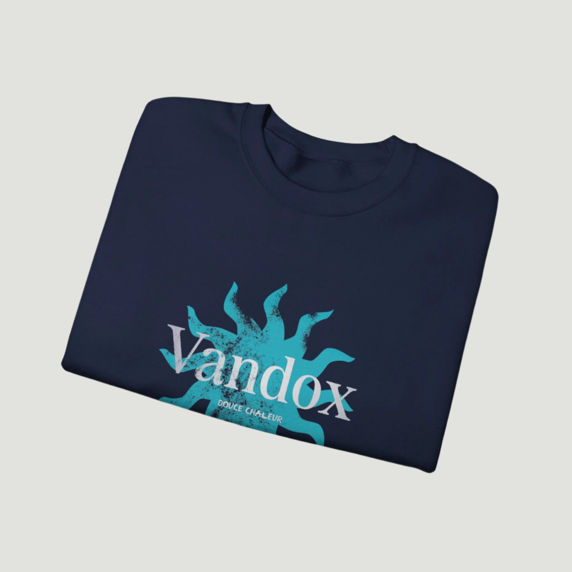 Navy Deep Blue Vandox Azure Heat Crewneck featuring a sunburst graphic and “Douce Chaleur” text, inspired by Mediterranean summer luxury. Starboy old money hoodie sweatshirt clothes vandox sacrevandox vandox clothes vandox clothing crewneck