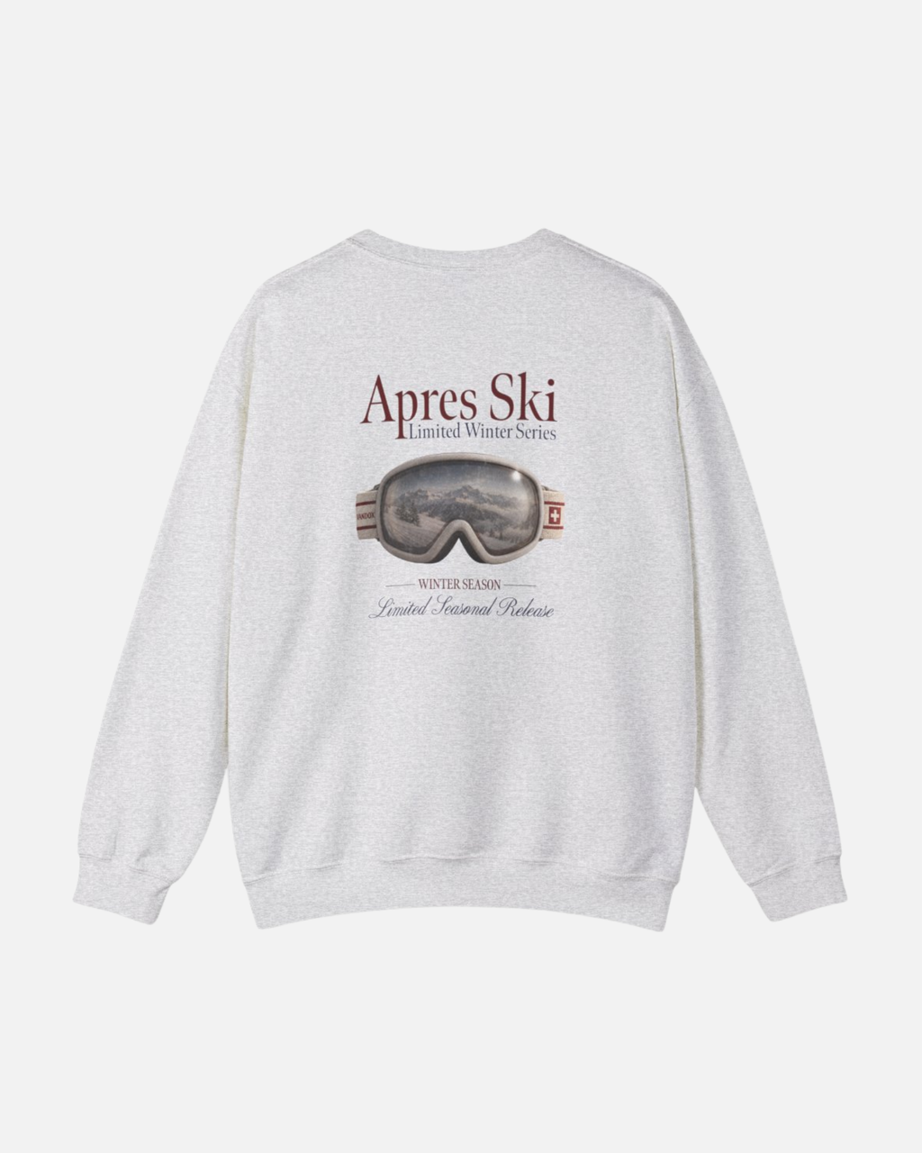Ash grey Vandox Snow Lens crewneck sweatshirt back view with photorealistic ski goggle graphic showing alpine mountain reflection and Apres Ski Limited Winter Series text. Starboy old money hoodie sweatshirt clothes vandox sacrevandox vandox clothes vandox clothing crewneck autumn clothes no hood fall clothes 