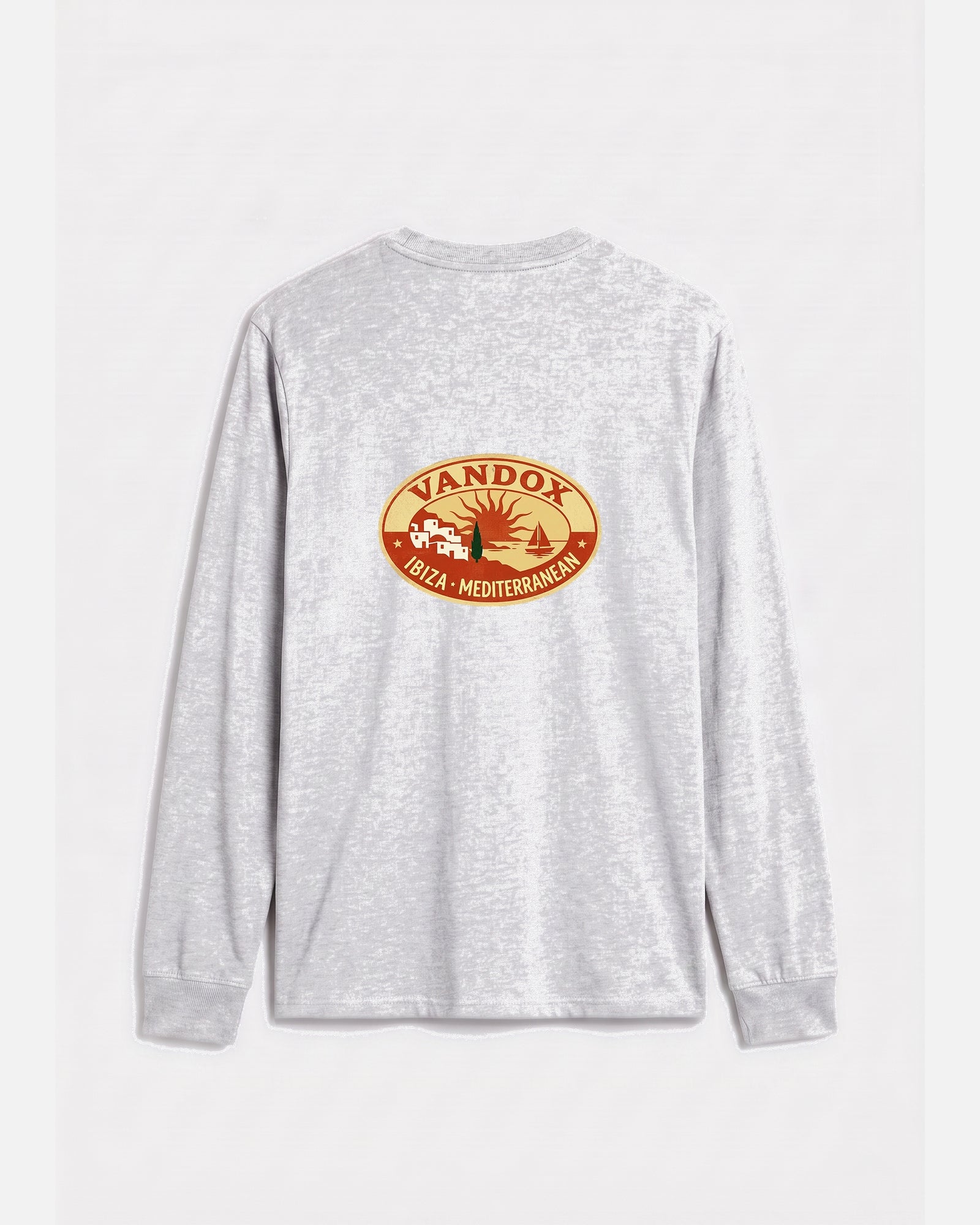 Ash Grey vandox sol de ibiza longsleeve long sleeve t-shirt back view with vintage oval Vandox Ibiza Mediterranean stamp graphic. Starboy old money hoodie sweatshirt longsleeve long sleeve clothes vandox sacrevandox vandox clothes vandox clothing