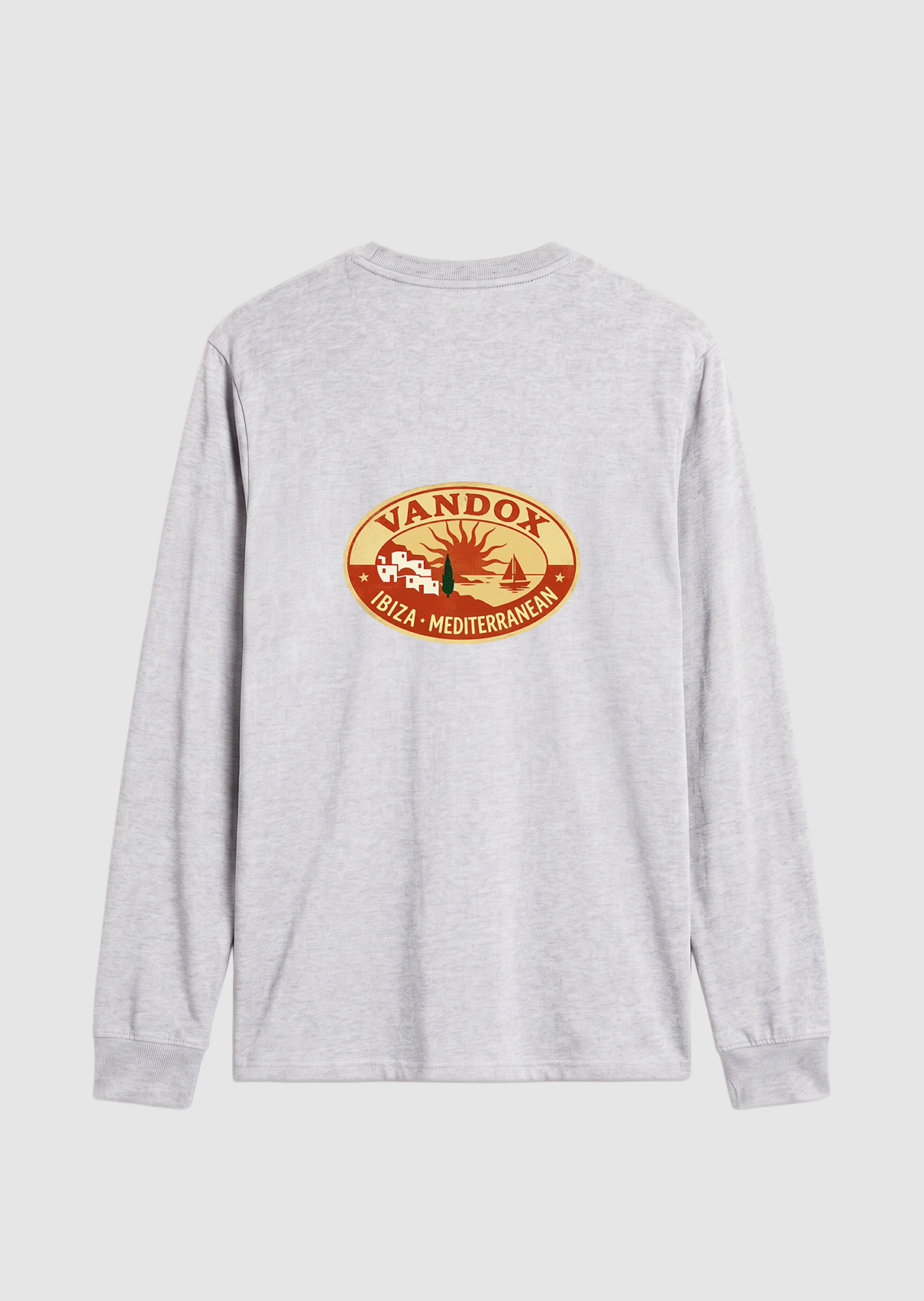 Ash Grey vandox sol de ibiza longsleeve long sleeve t-shirt back view with vintage oval Vandox Ibiza Mediterranean stamp graphic. Starboy old money hoodie sweatshirt longsleeve long sleeve clothes vandox sacrevandox vandox clothes vandox clothing