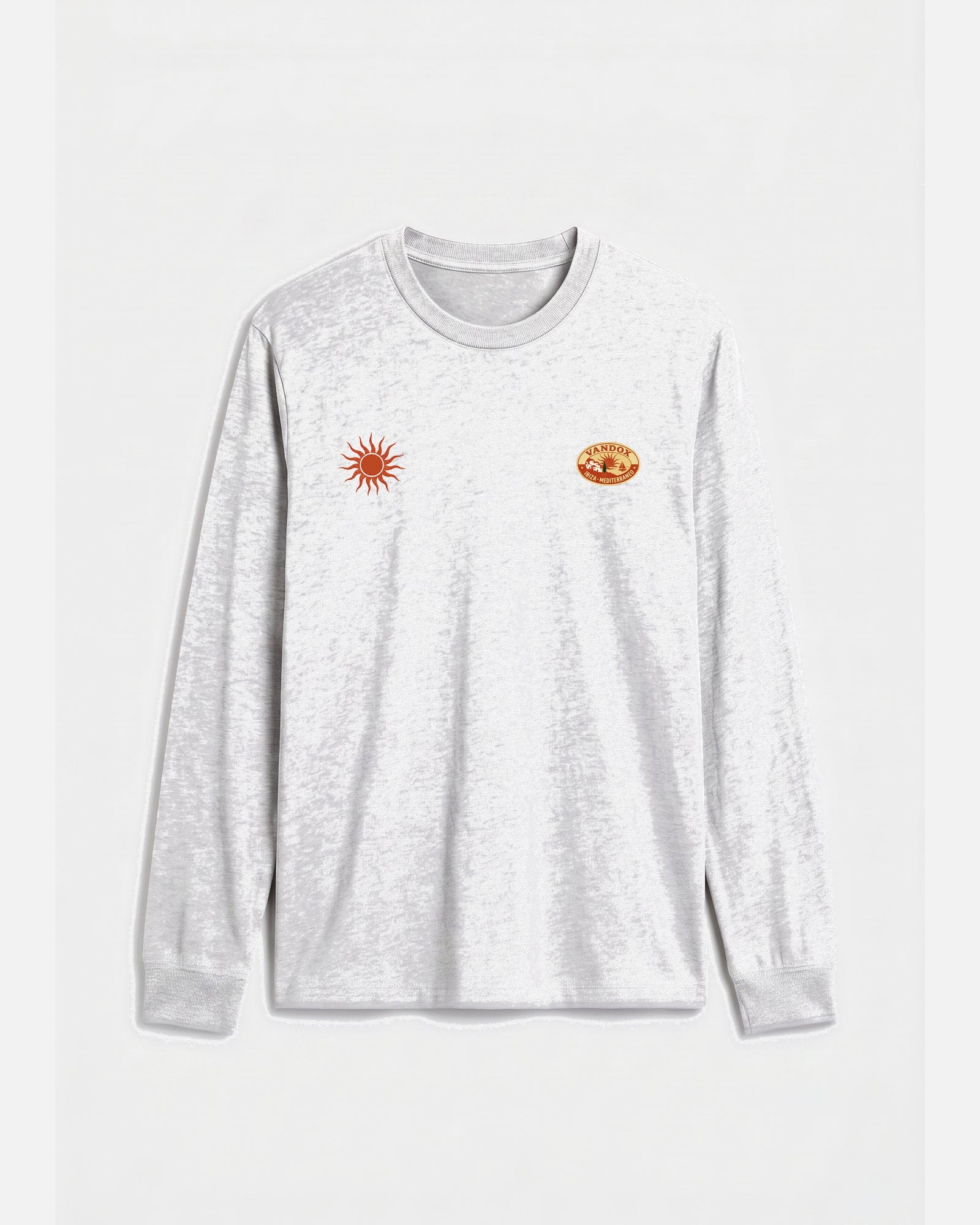 Ash Grey Vandox Sol de Ibiza longsleeve long sleeve t-shirt with red sun emblem and Vandox Ibiza oval chest graphics. Starboy old money hoodie sweatshirt longsleeve long sleeve clothes vandox sacrevandox vandox clothes vandox clothing