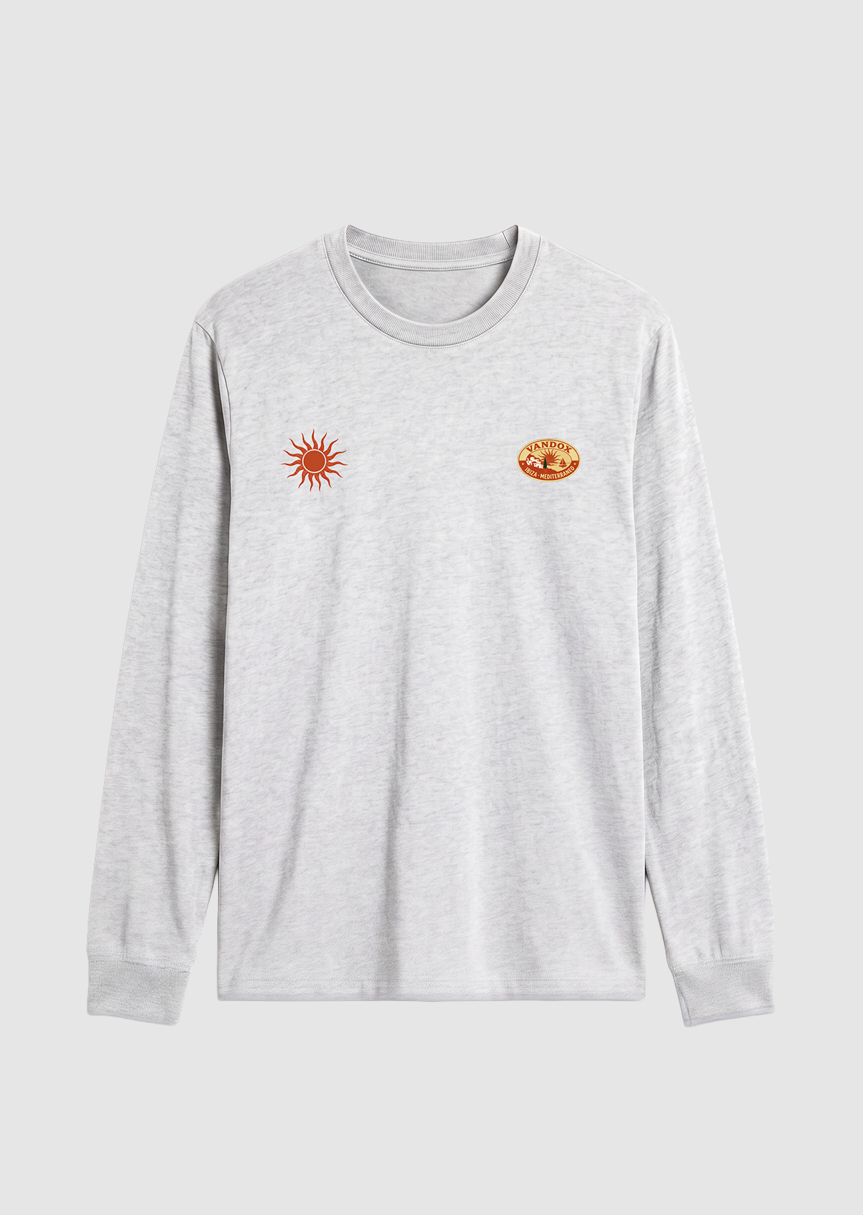 Ash Grey Vandox Sol de Ibiza longsleeve long sleeve t-shirt with red sun emblem and Vandox Ibiza oval chest graphics. Starboy old money hoodie sweatshirt longsleeve long sleeve clothes vandox sacrevandox vandox clothes vandox clothing
