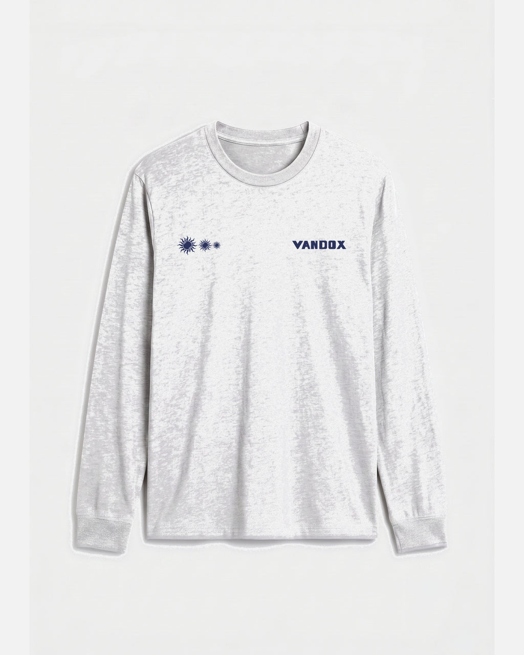 Ash grey vandox last light long sleeve t-shirt with three descending sun emblems and Vandox chest graphic. Old money summer clothes, quiet luxury european streetwear, minimalist coastal style. Starboy old money cotton long sleeve shirt clothes vandox sacre sacrevandox vandox clothes vandox clothing
