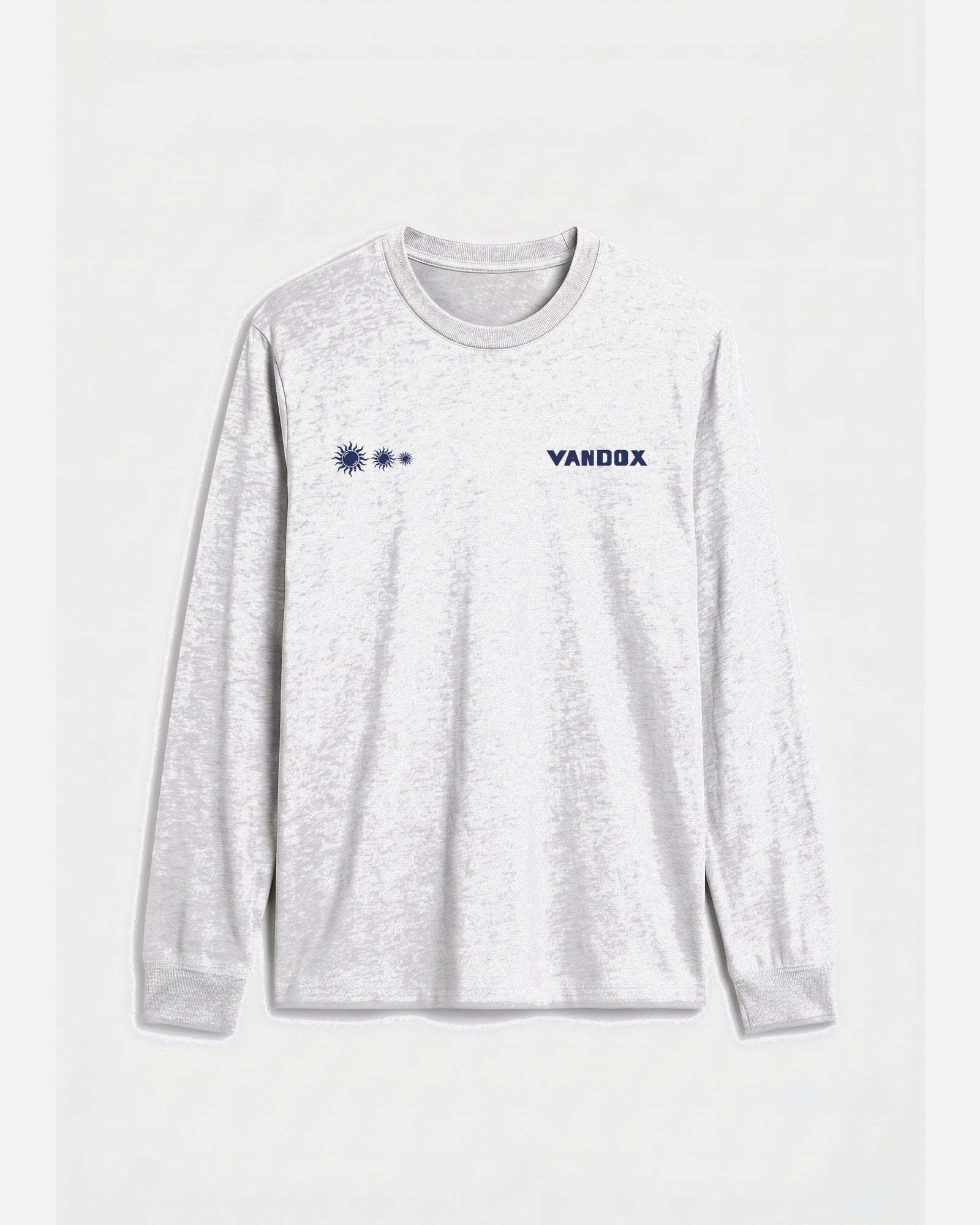 Ash grey vandox last light long sleeve t-shirt with three descending sun emblems and Vandox chest graphic. Old money summer clothes, quiet luxury european streetwear, minimalist coastal style. Starboy old money cotton long sleeve shirt clothes vandox sacre sacrevandox vandox clothes vandox clothing