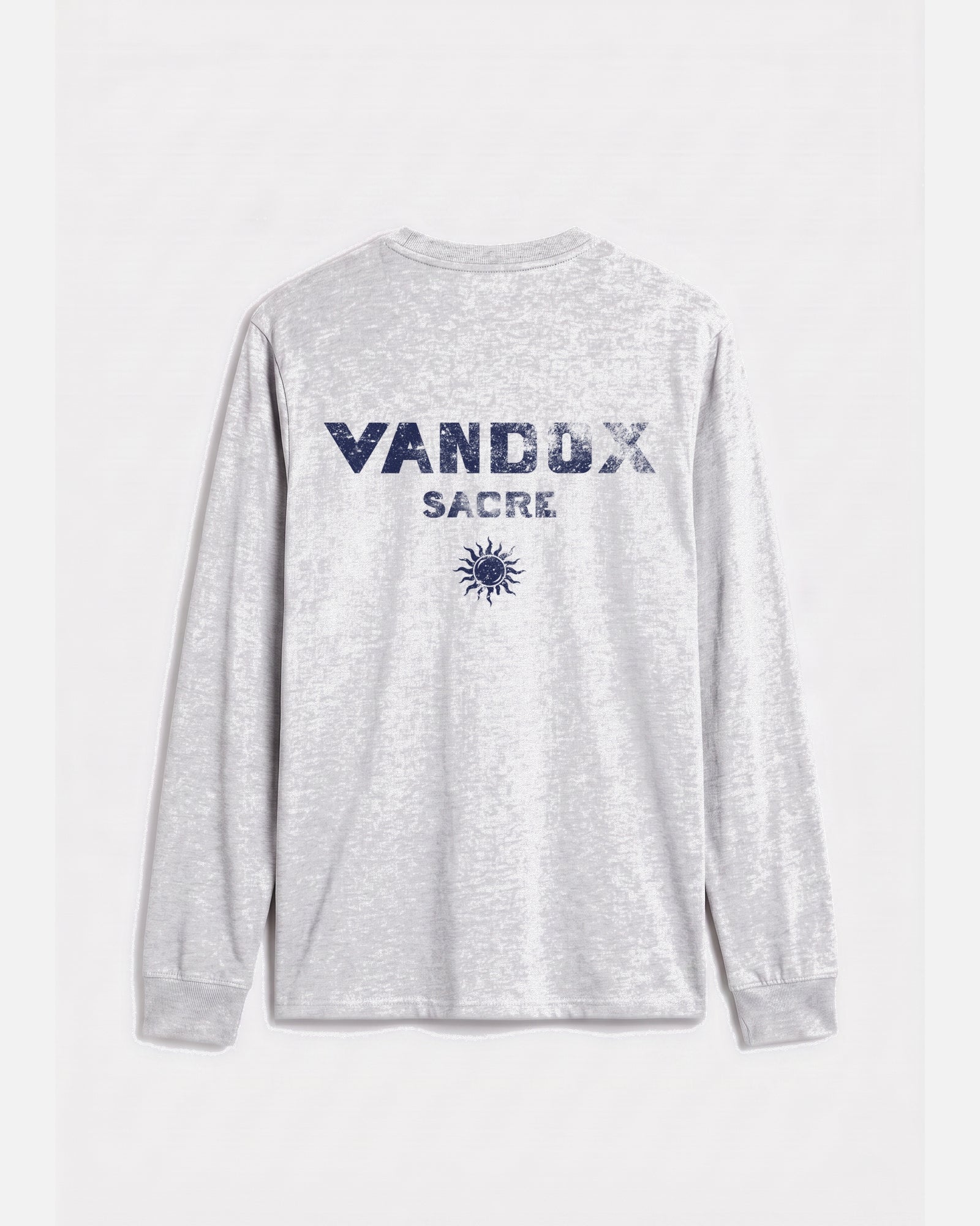 Ash grey vandox last light long sleeve t-shirt back view with distressed Vandox Sacre text and sun emblem graphic. Old money summer clothes, quiet luxury european streetwear, minimalist coastal style. Starboy old money cotton long sleeve shirt clothes vandox sacre sacrevandox vandox clothes vandox clothing