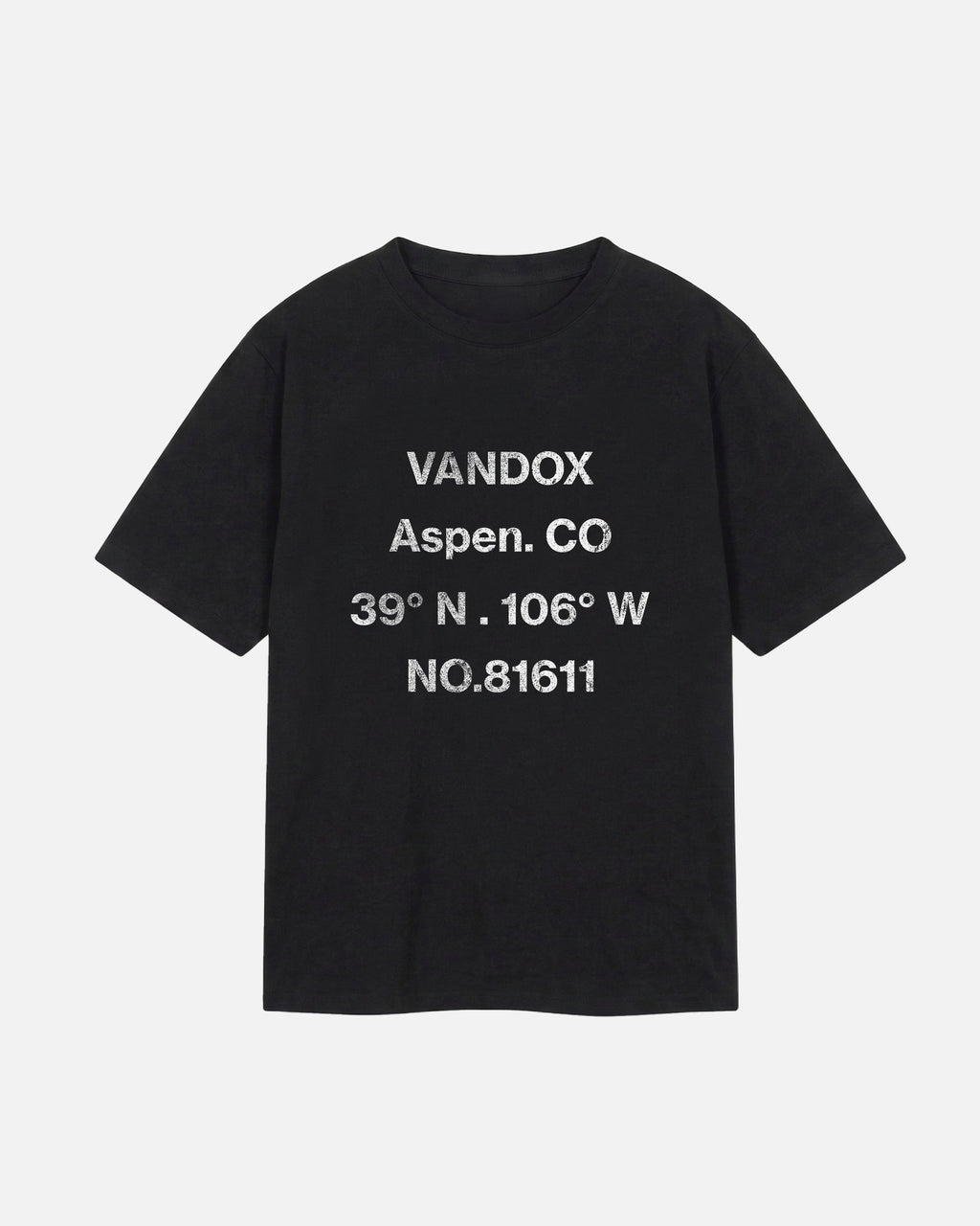 Black Vandox Aspen T-Shirt, front view with distressed grey Vandox Aspen CO coordinates and 81611 text graphic, luxury streetwear t-shirt. Starboy old money t-shirt vandox sacrevandox vandox clothes vandox clothing