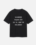 Black Vandox Aspen T-Shirt, front view with distressed grey Vandox Aspen CO coordinates and 81611 text graphic, luxury streetwear t-shirt. Starboy old money t-shirt vandox sacrevandox vandox clothes vandox clothing