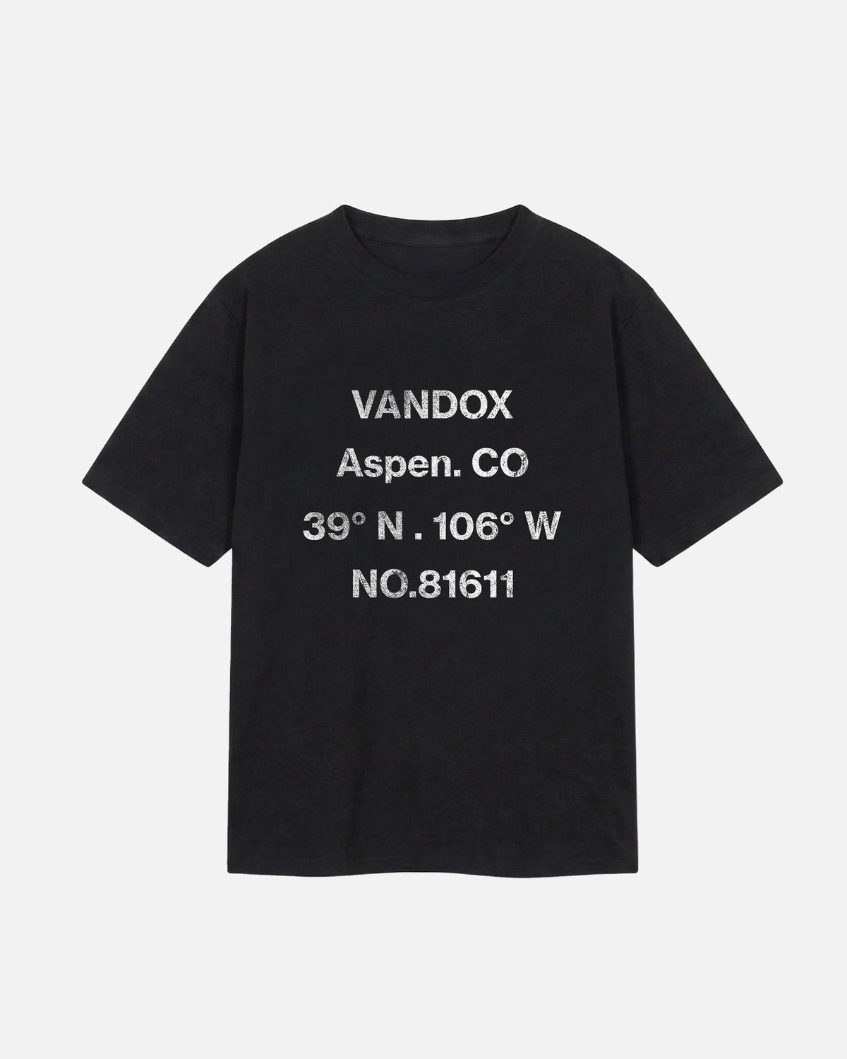 Black Vandox Aspen T-Shirt, front view with distressed grey Vandox Aspen CO coordinates and 81611 text graphic, luxury streetwear t-shirt. Starboy old money t-shirt vandox sacrevandox vandox clothes vandox clothing