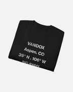 folded view Black Vandox Aspen T-Shirt, front view with distressed grey Vandox Aspen CO coordinates and 81611 text graphic, luxury streetwear t-shirt. Starboy old money t-shirt vandox sacrevandox vandox clothes vandox clothing