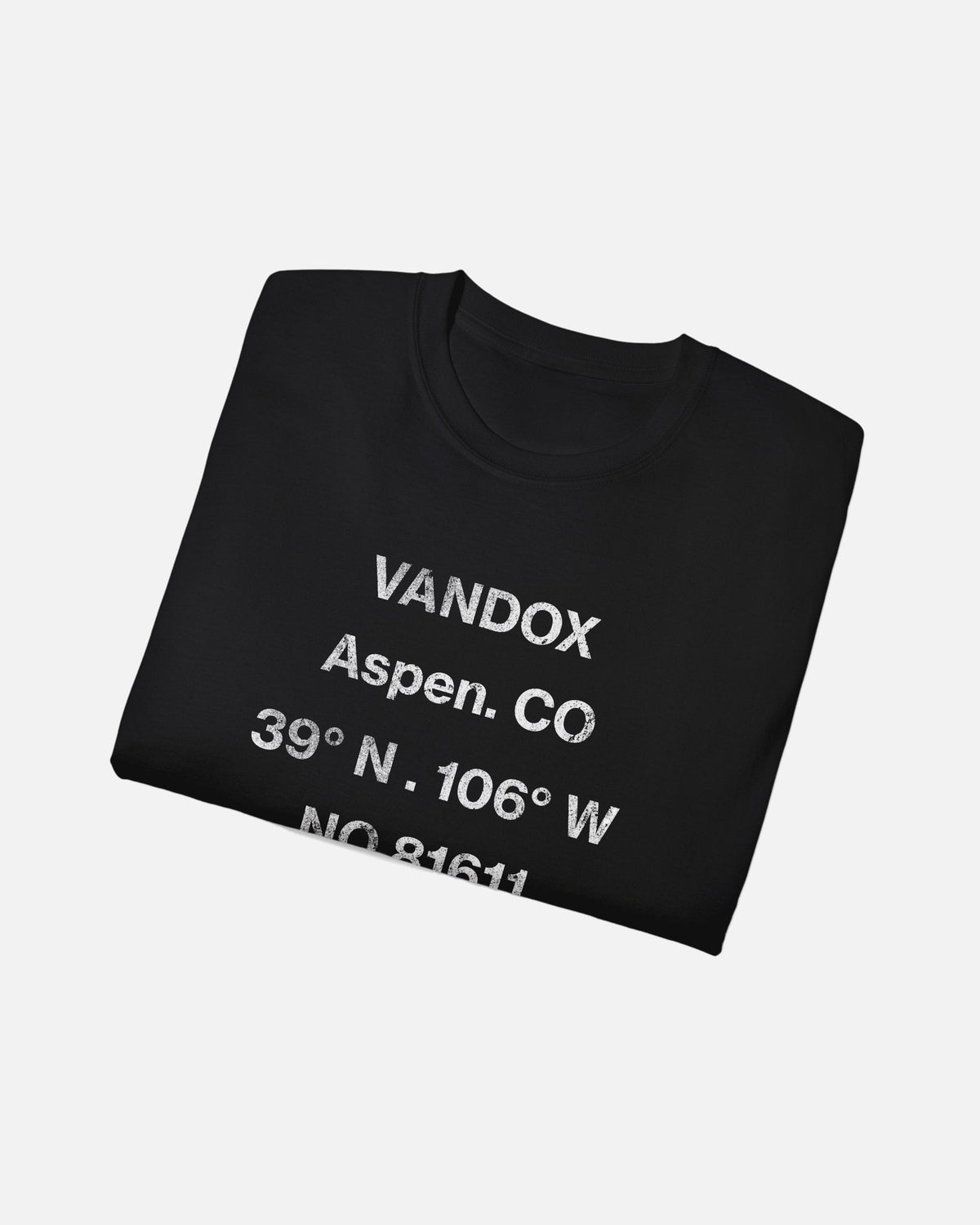 folded view Black Vandox Aspen T-Shirt, front view with distressed grey Vandox Aspen CO coordinates and 81611 text graphic, luxury streetwear t-shirt. Starboy old money t-shirt vandox sacrevandox vandox clothes vandox clothing
