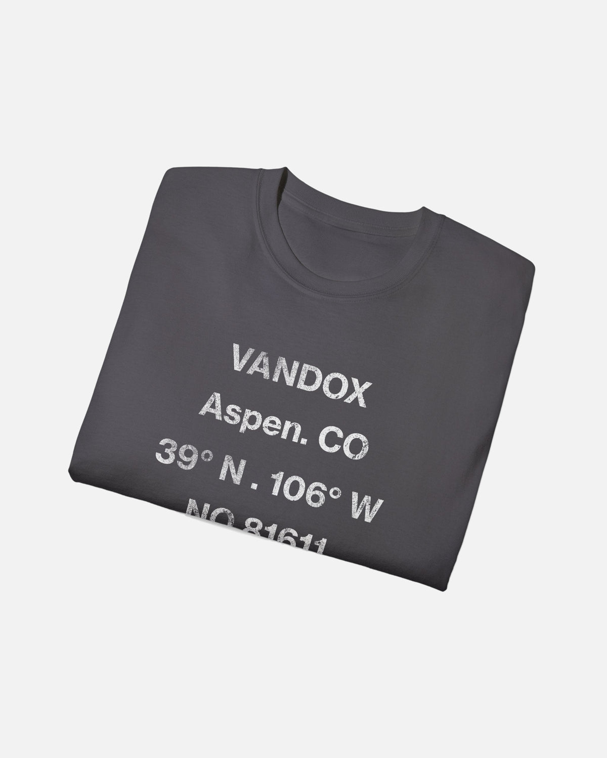 folded view of Charcoal grey sport gray heather gray Vandox Aspen T-Shirt, front view with distressed grey Vandox Aspen CO coordinates and 81611 text graphic, luxury streetwear t-shirt. Starboy old money t-shirt vandox sacrevandox vandox clothes vandox clothing