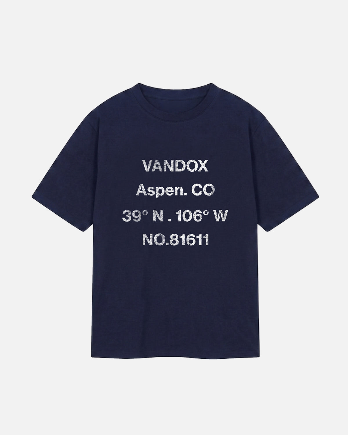 Navy dark blue deep blue Vandox Aspen T-Shirt, front view with distressed grey Vandox Aspen CO coordinates and 81611 text graphic, luxury streetwear t-shirt. Starboy old money t-shirt vandox sacrevandox vandox clothes vandox clothing