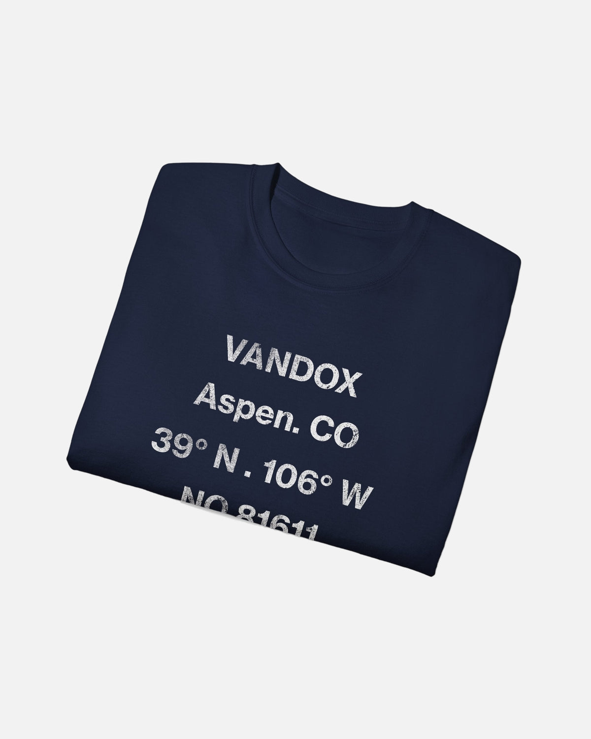 folded view of Navy dark blue deep blue Vandox Aspen T-Shirt, front view with distressed grey Vandox Aspen CO coordinates and 81611 text graphic, luxury streetwear t-shirt. Starboy old money t-shirt vandox sacrevandox vandox clothes vandox clothing