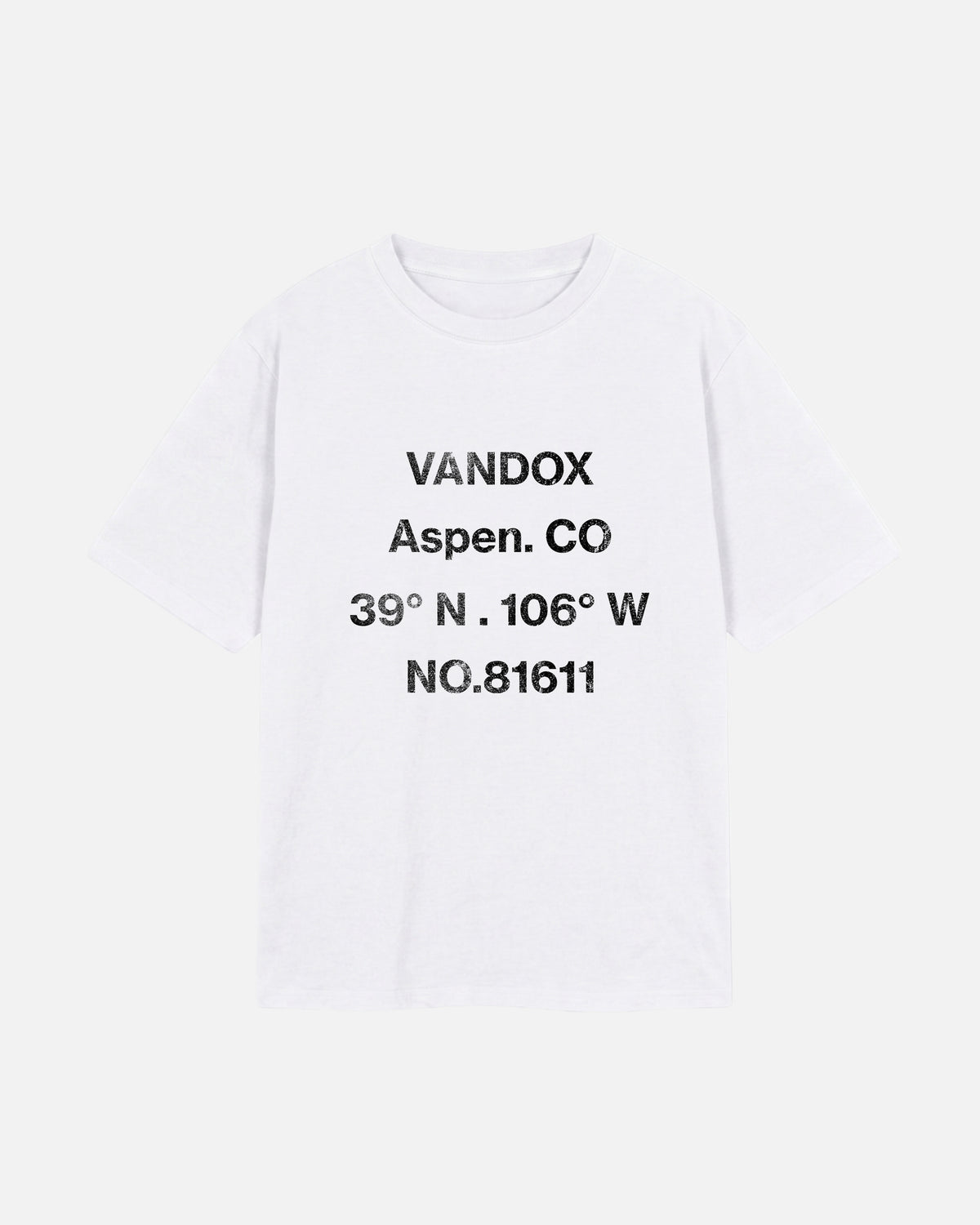 white eggshell white offwhite Vandox Aspen T-Shirt, front view with distressed grey Vandox Aspen CO coordinates and 81611 text graphic, luxury streetwear t-shirt. Starboy old money t-shirt vandox sacrevandox vandox clothes vandox clothing