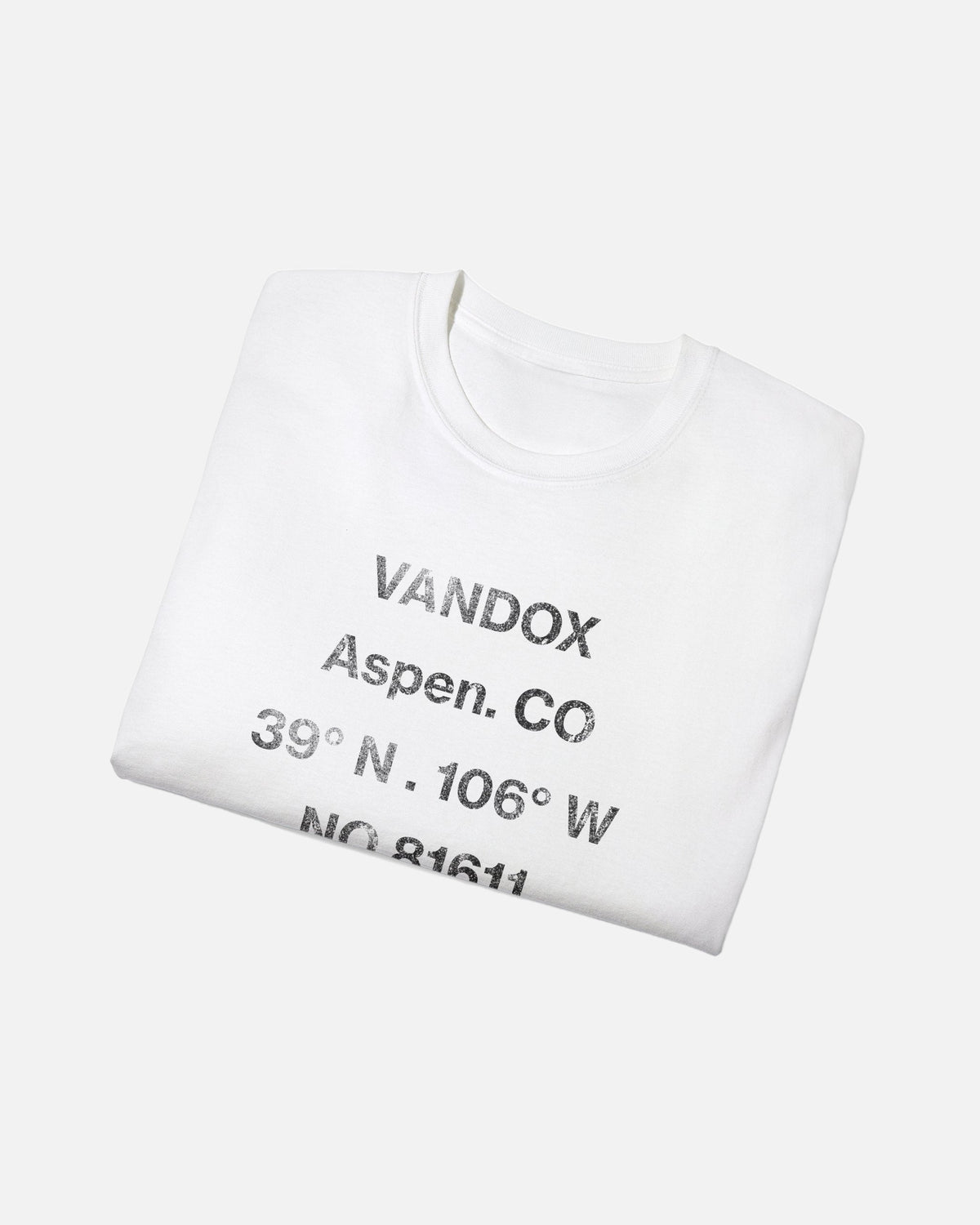 folded view of white eggshell white offwhite Vandox Aspen T-Shirt, front view with distressed grey Vandox Aspen CO coordinates and 81611 text graphic, luxury streetwear t-shirt. Starboy old money t-shirt vandox sacrevandox vandox clothes vandox clothing