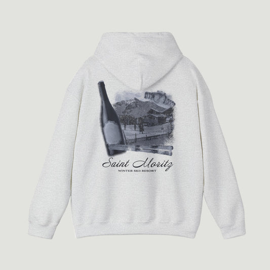 Back view of the Vandox sport grey ash Alpine Ski Club Hoodie featuring Saint Moritz winter resort graphic with champagne and cigar elements Starboy old money hoodie sweatshirt clothes vandox sacrevandox vandox clothes vandox clothing