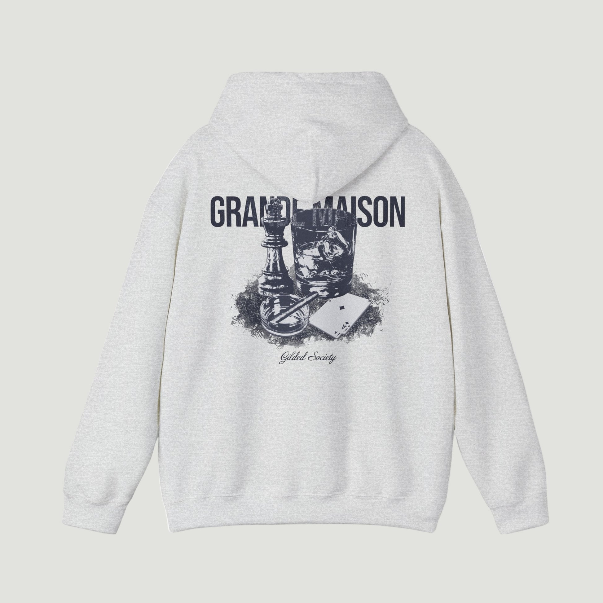 Back view of sport grey ash Grande Maison Hoodie by Vandox with chess piece, whiskey glass, and playing card graphic under “Grande Maison” text. Starboy old money hoodie sweatshirt clothes vandox sacrevandox vandox clothes vandox clothing